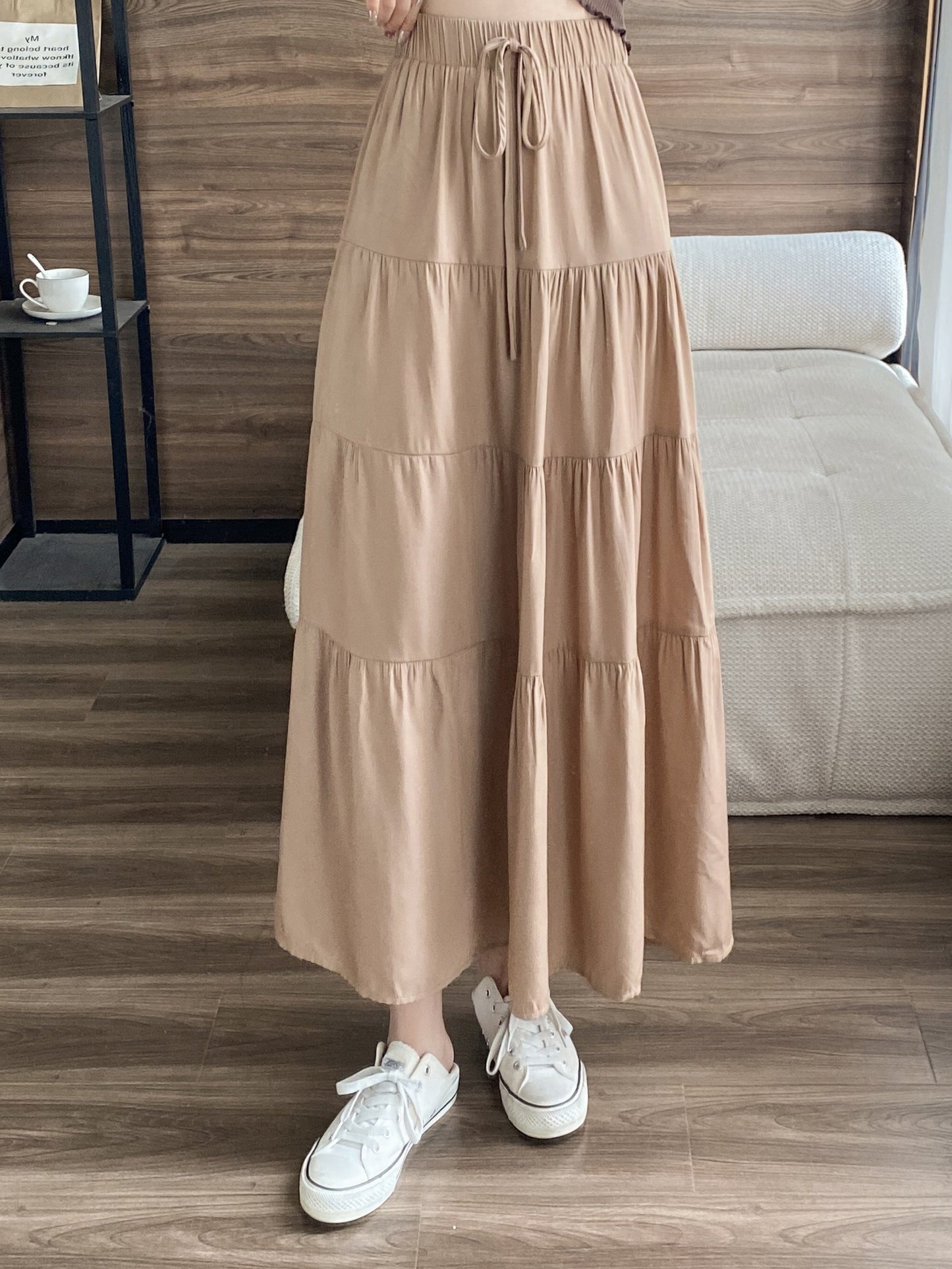 Ruffle Layered Hem Drawstring Skirt, Casual Skirt For Spring & Summer, Women's Clothing