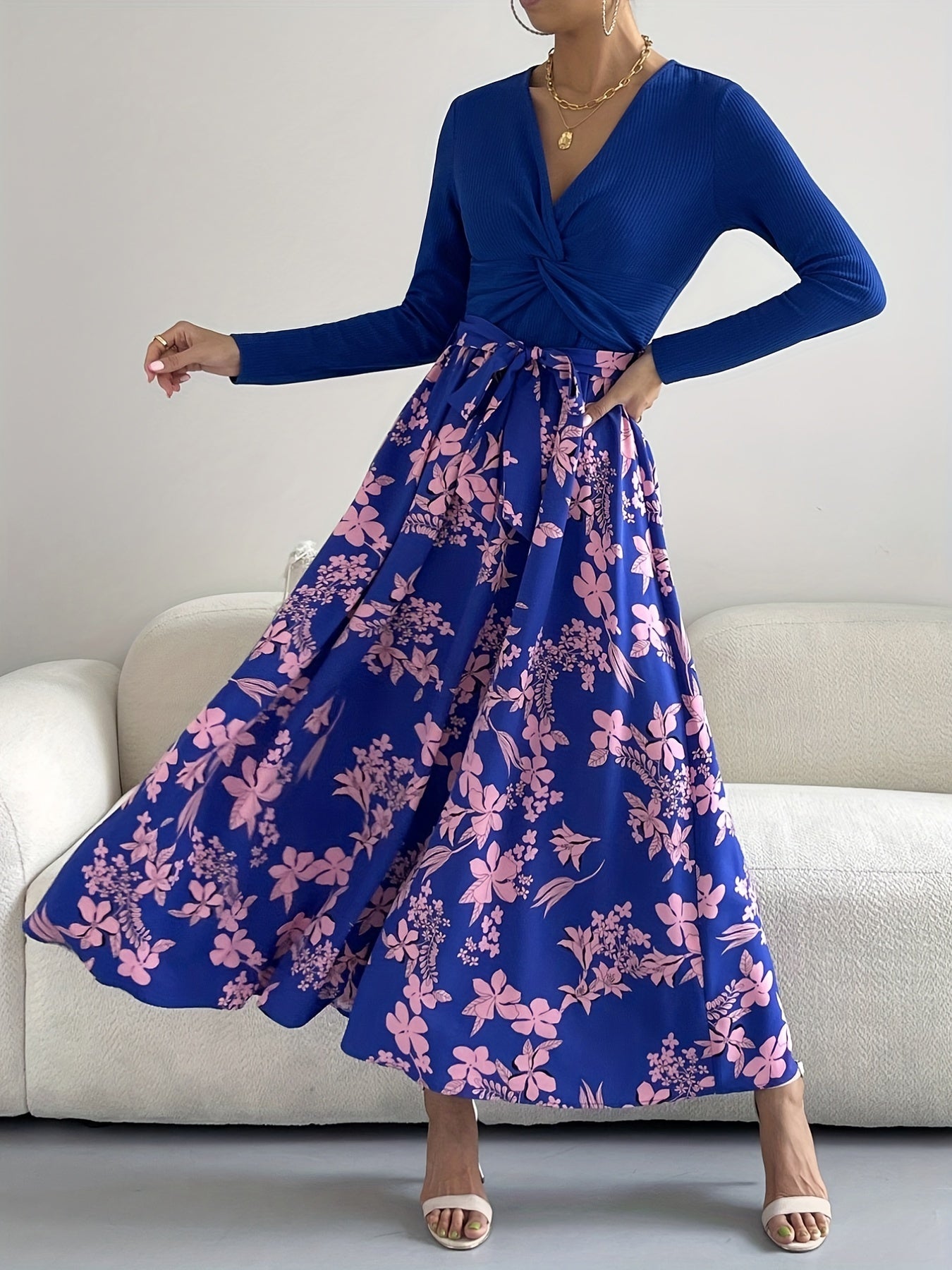 Sixsr Floral Print Twist Front Dress, Boho V Neck Long Sleeve Dress, Women's Clothing