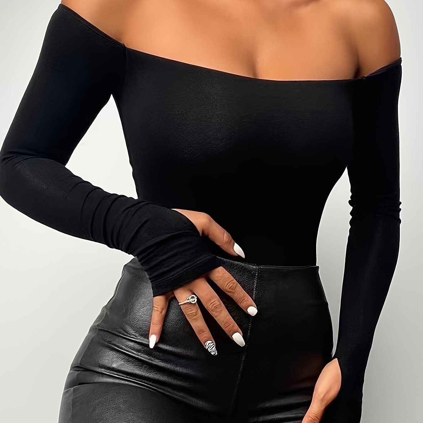 Sixsr Solid Slim Off Shoulder T-Shirt, Casual Long Sleeve Top For Spring & Fall, Women's Clothing