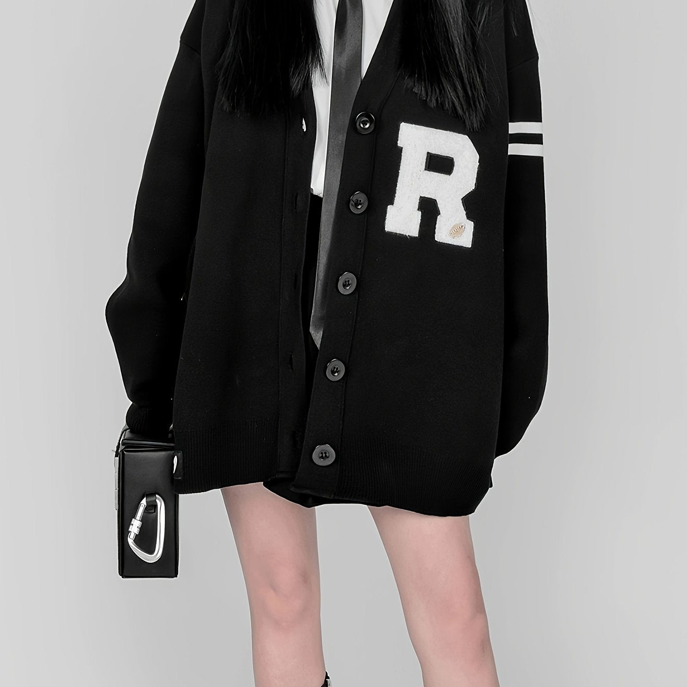 Sixsr Y2K Letter Pattern Button Up Knit Cardigan, Preppy Long Sleeve Loose Sweater, Women's Clothing