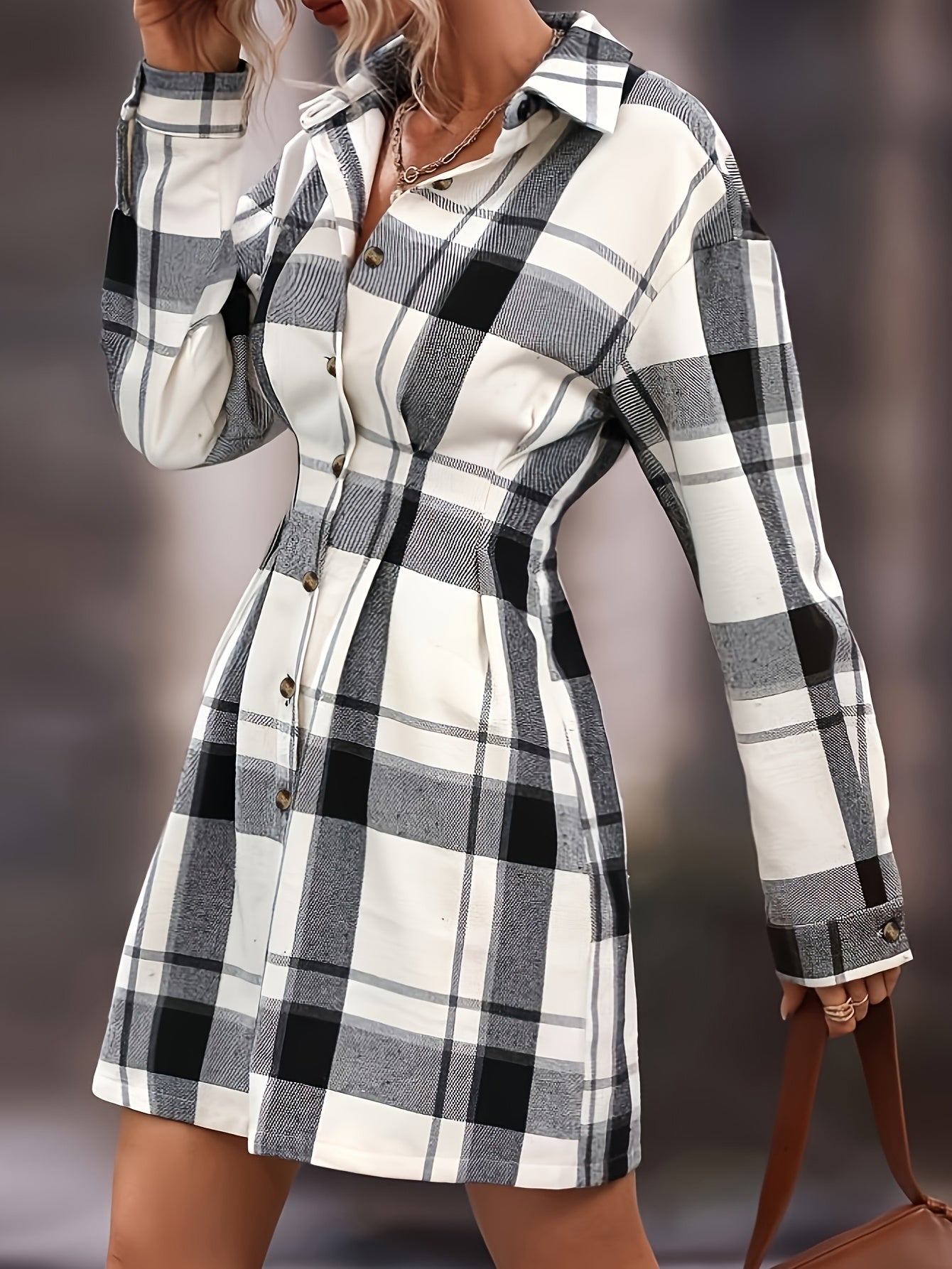 Sixsr Plaid Print Shirt Dress, Casual Button Front Long Sleeve Dress, Women's Clothing
