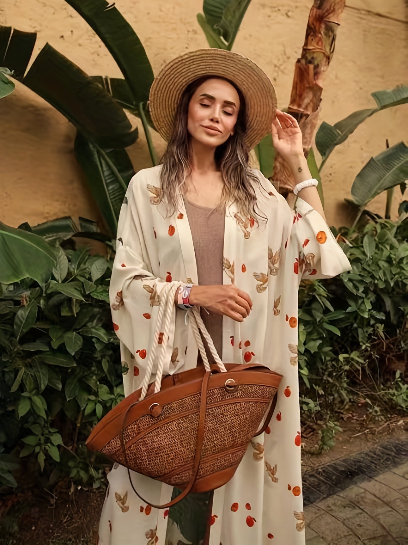 Plus Size Casual Cover Up, Women's Plus Graphic Print Long Sleeve Cover Up Robe