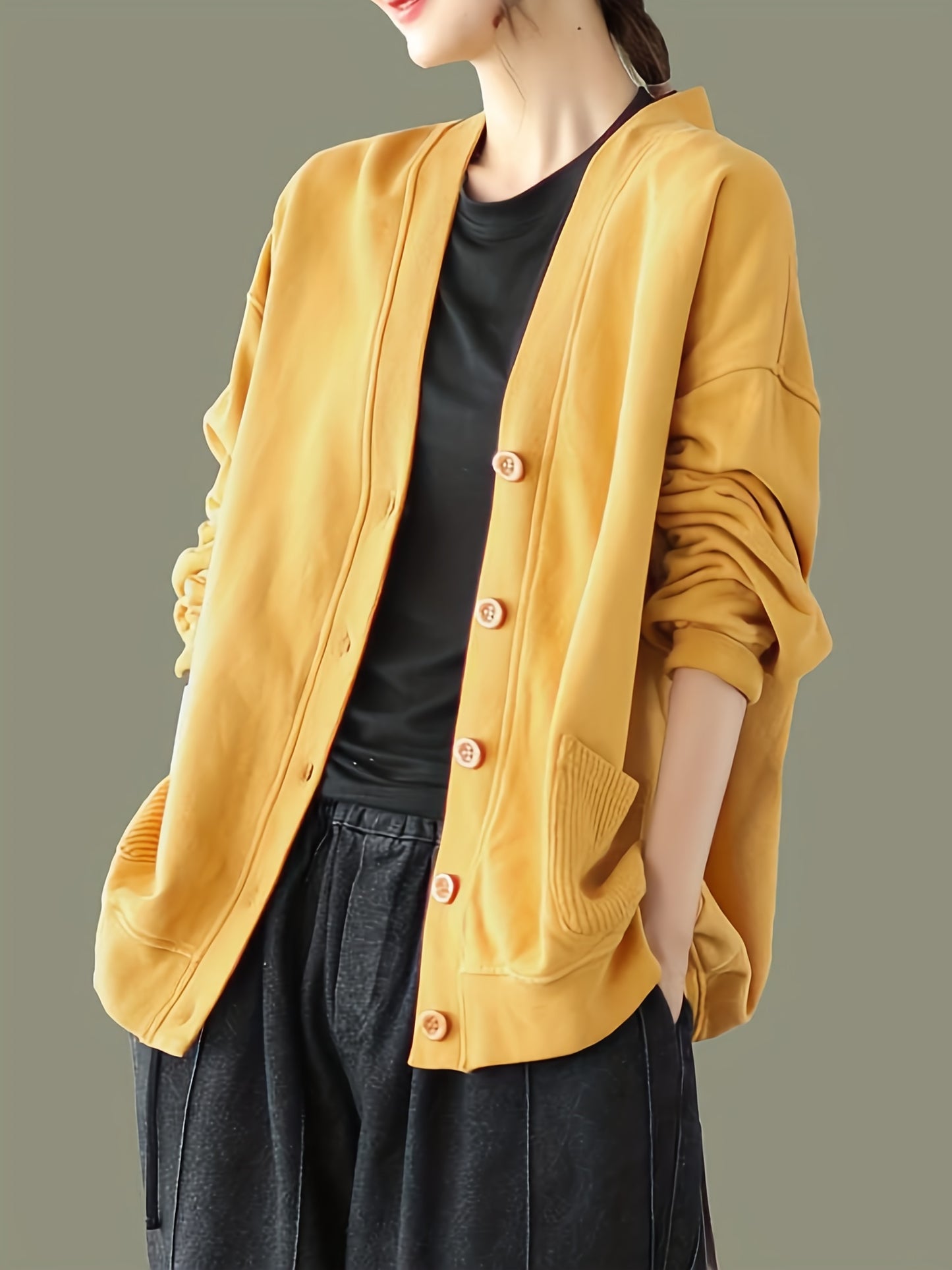 Solid Patched Pockets Bomber Jacket, Casual Button Front Jacket For Spring & Fall, Women's Clothing
