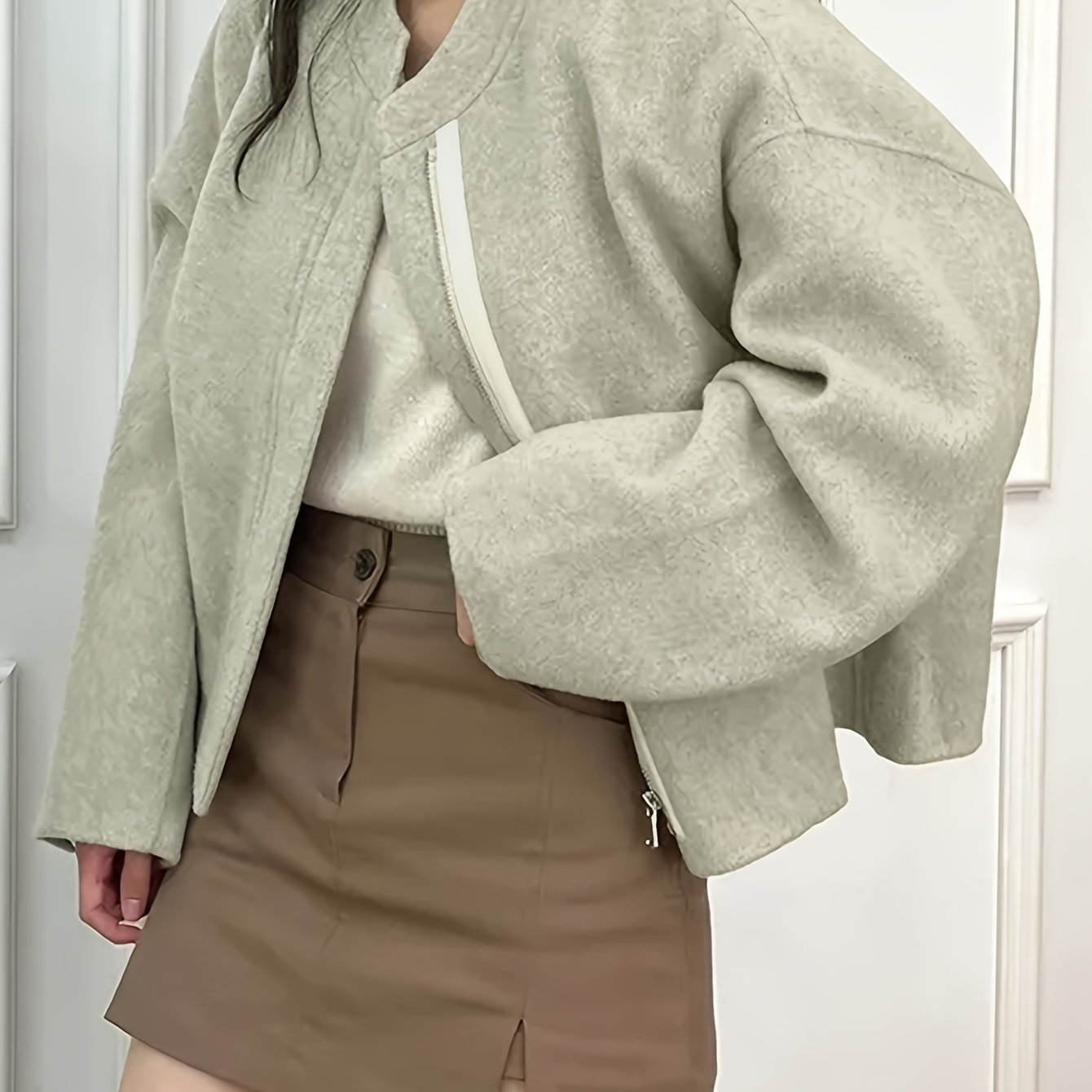 Sixsr Solid Zipper Front Simple Jacket, Casual Long Sleeve Outwear For Fall & Winter, Women's Clothing