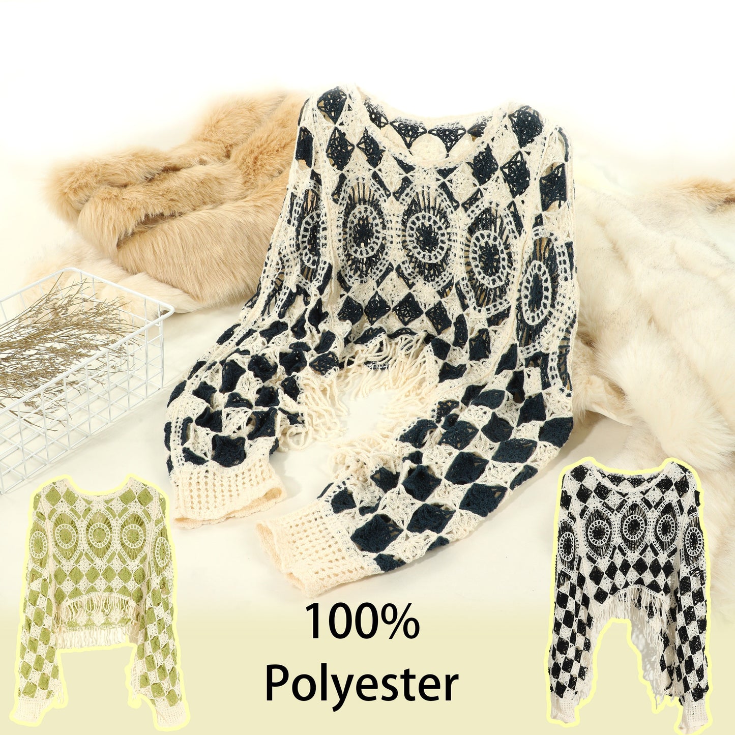 Sixsr Floral Hollow Out Tassel Shawl Elegant Long-sleeved Pullover Shawl Casual Daily Travel Versatile Coat