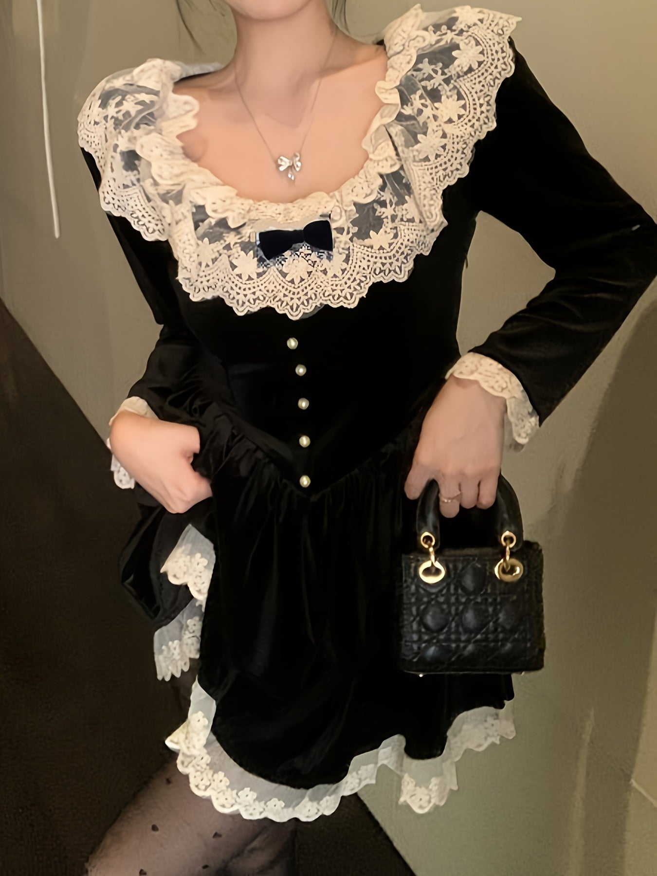 Sixsr Contrast Trim Lace Splicing Velvet Dress, Sweet Button Front Bow Decor Dress For Spring & Fall, Women's Clothing