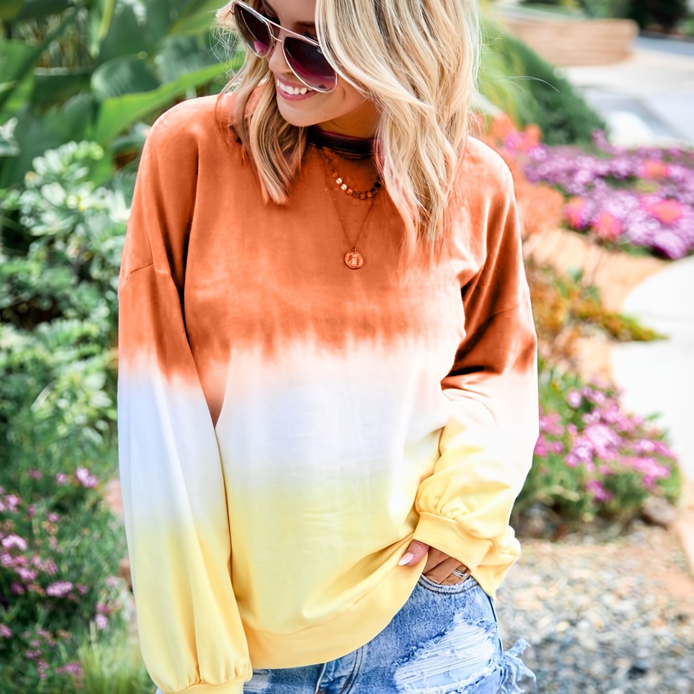 Sixsr Striped Tie Dye Pullover Sweatshirt, Casual Crew Neck Long Sleeve Sweaters, Women's Clothing