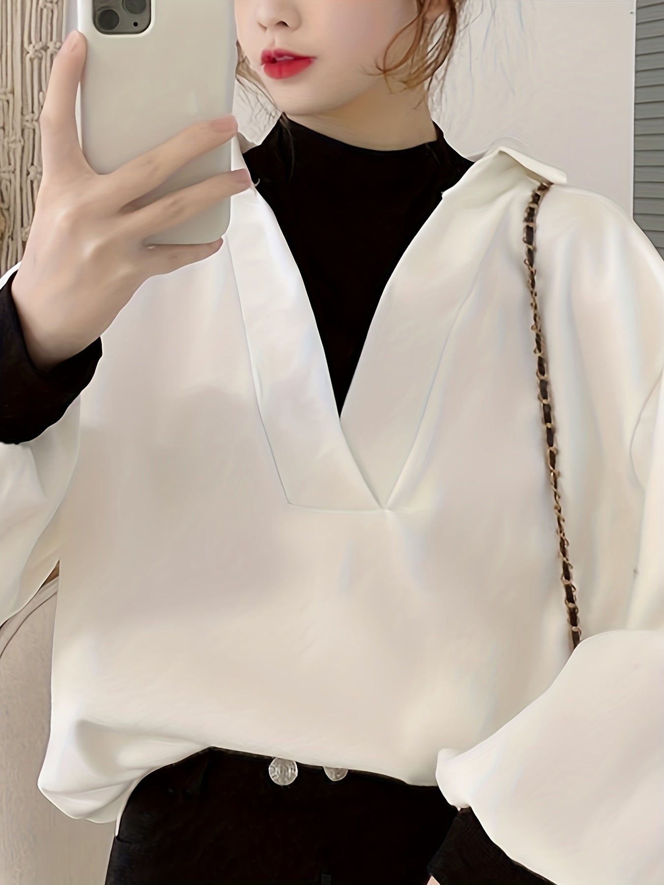 Sixsr Color Block Notch Neck Pullover Top, Stylish Lantern Sleeve Lapel Top For Fall & Winter, Women's Clothing