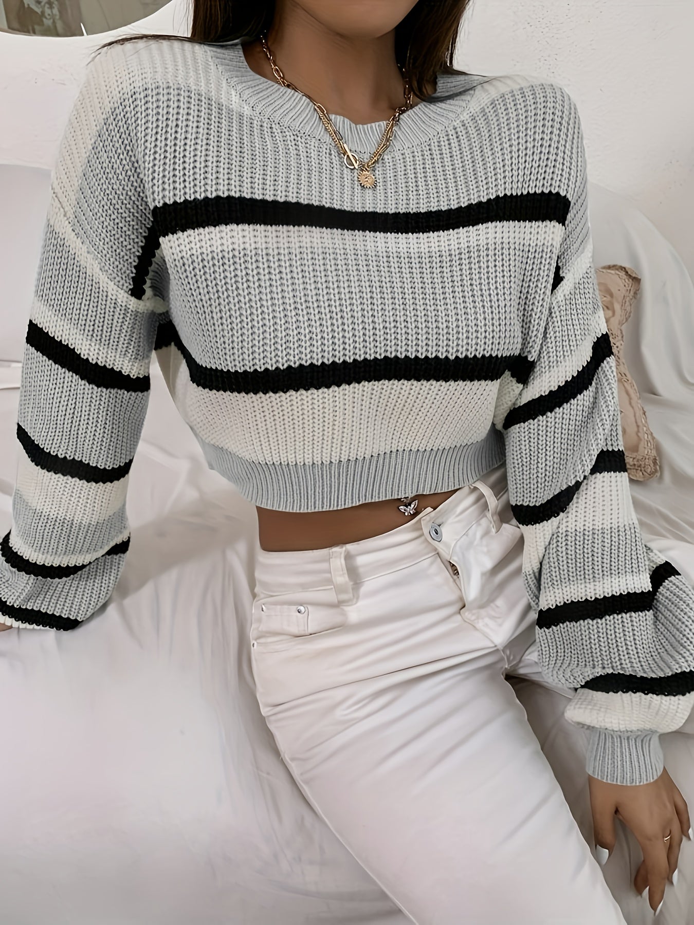 Sixsr Color Block Striped Knit Sweater, Casual Crew Neck Long Sleeve Sweater, Women's Clothing