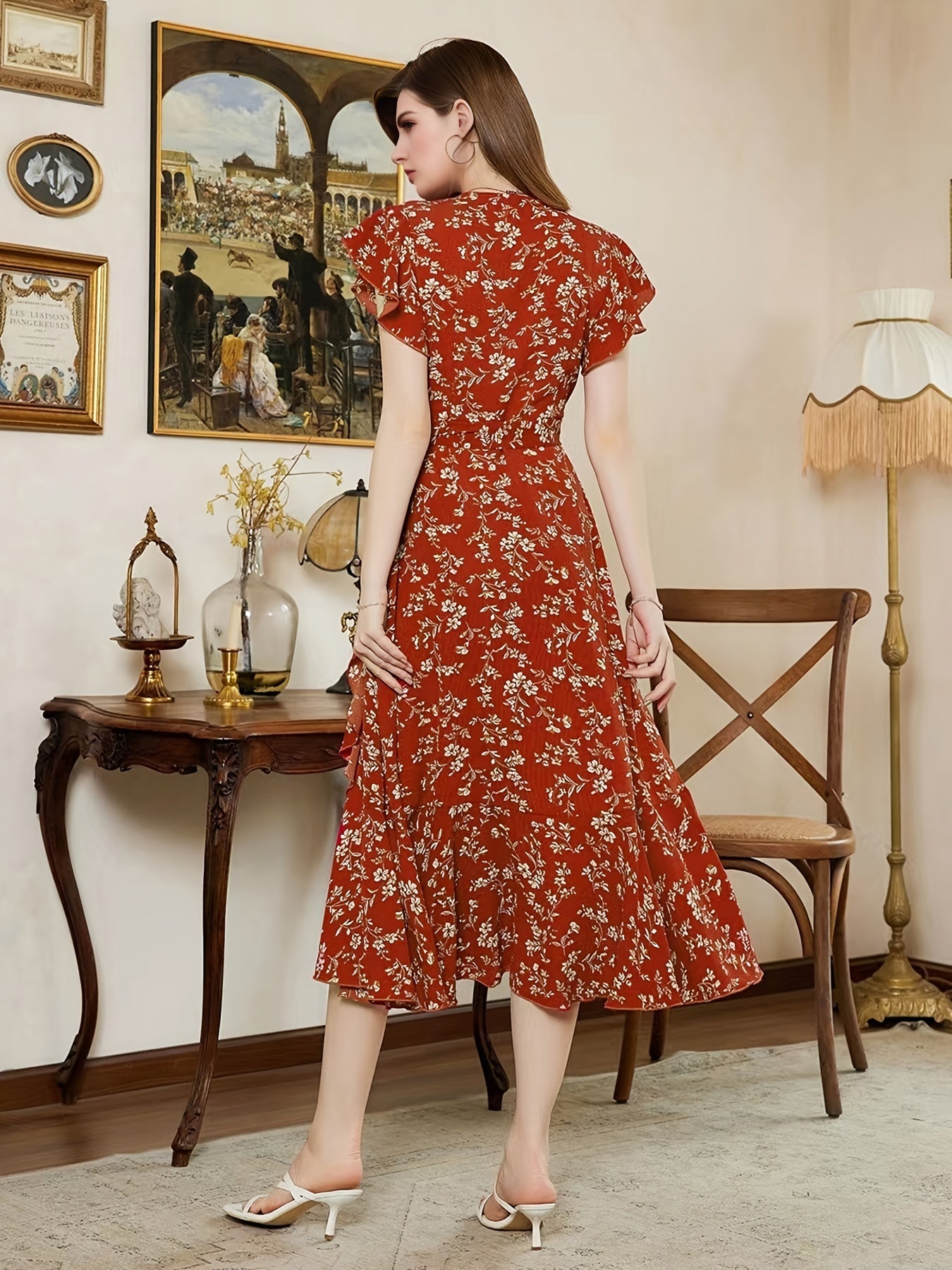 Sixsr Floral Print Vacation Deep V Neck Dress, Elegant Casual Every Day Dress For All Season, Women's Clothing