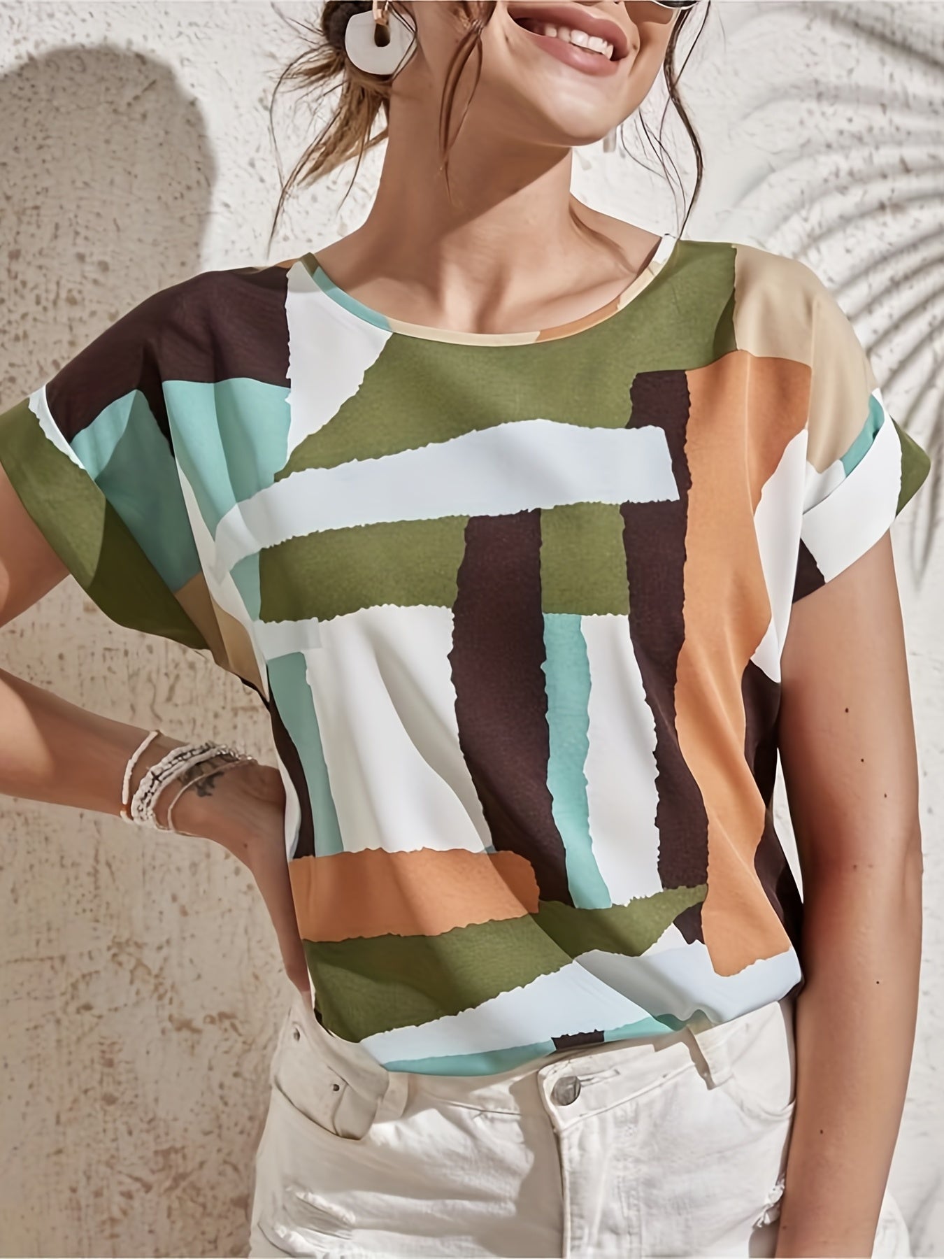 Sixsr Abstract Print Blouse, Casual Crew Neck Short Sleeve Blouse, Women's Clothing