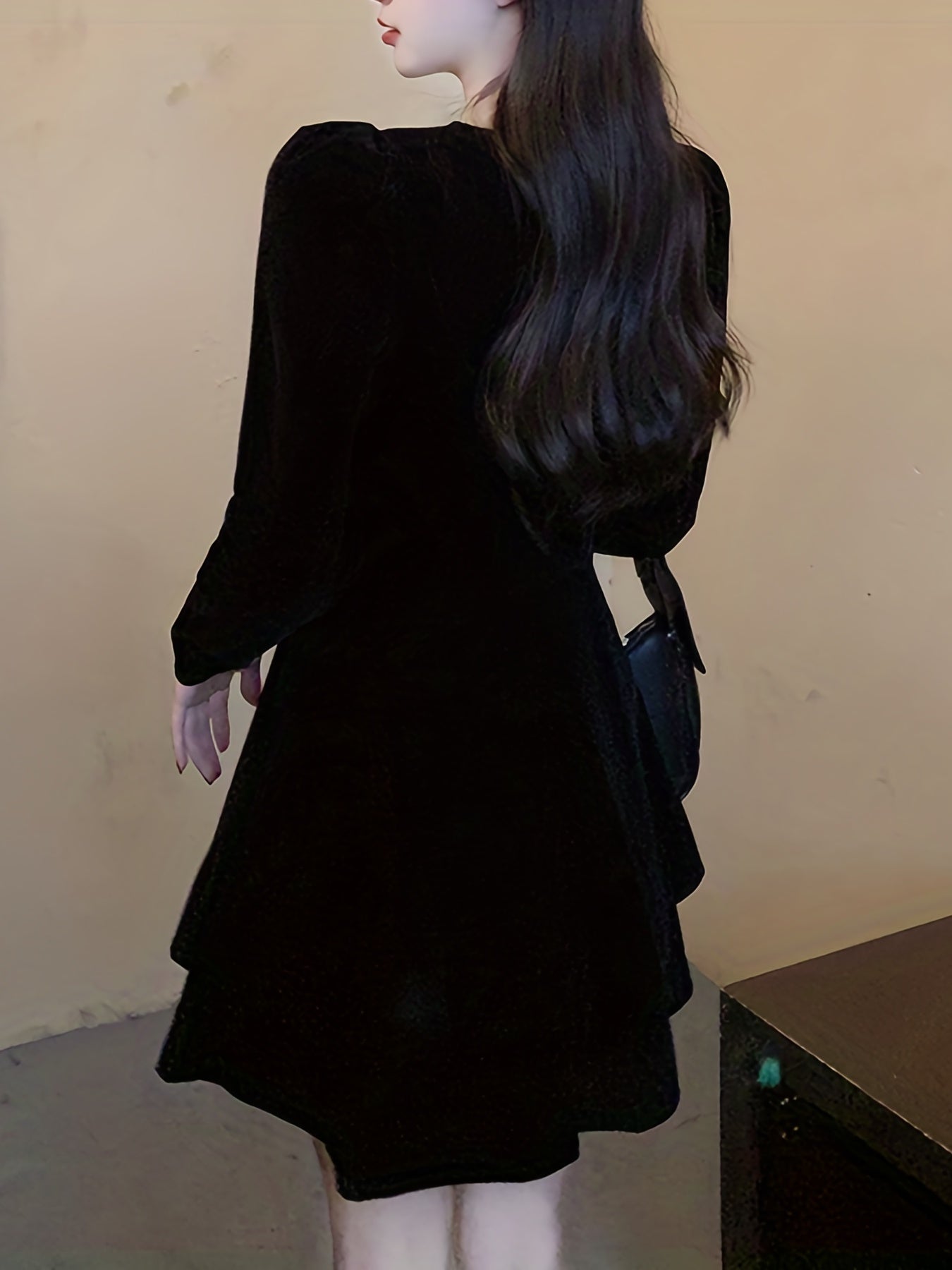 Sixsr Double Breasted Solid Dress, Casual Squared Neck Long Sleeve Dress, Women's Clothing