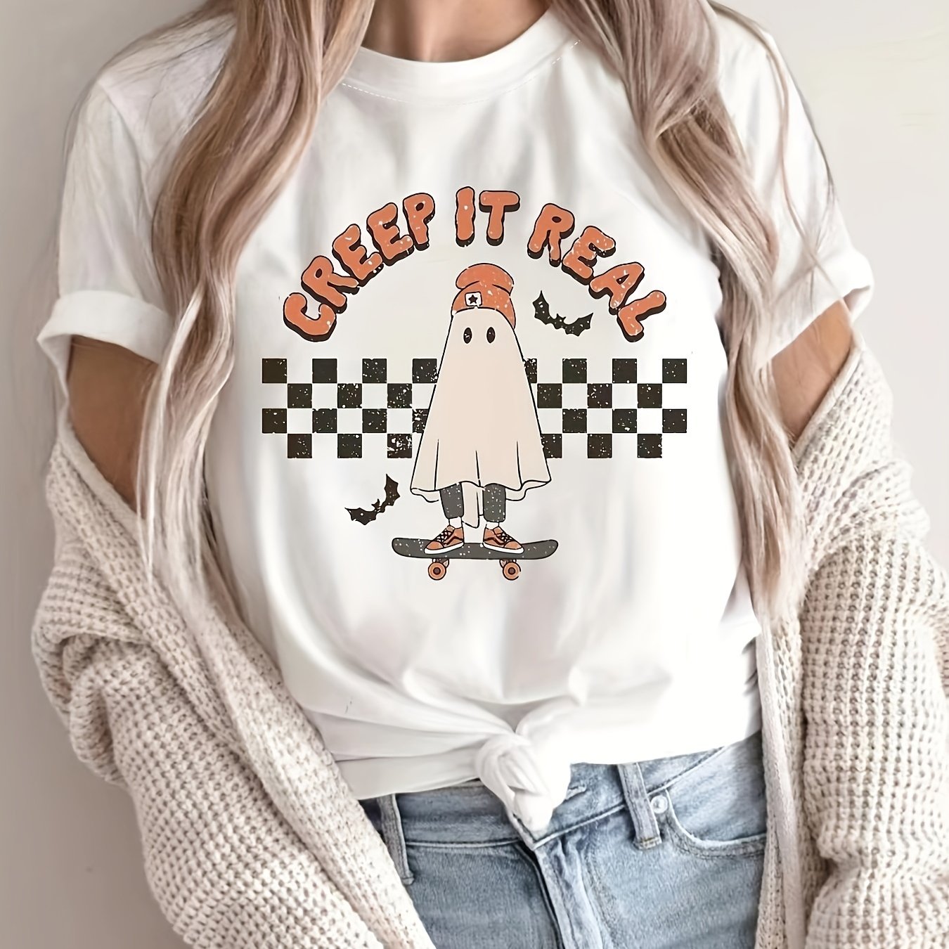 Sixsr Halloween Ghost Print T-shirt, Casual Short Sleeve Crew Neck T-shirt For Spring & Summer, Women's Clothing