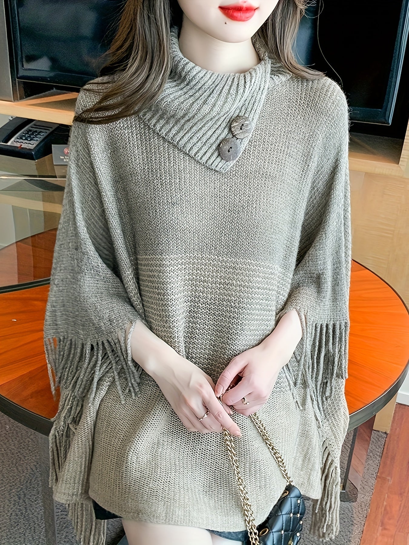 Sixsr Color Block Tassel Trim Cape Sweater, Boho Asymmetrical Collared Fashion Poncho Sweater, Women's Clothing