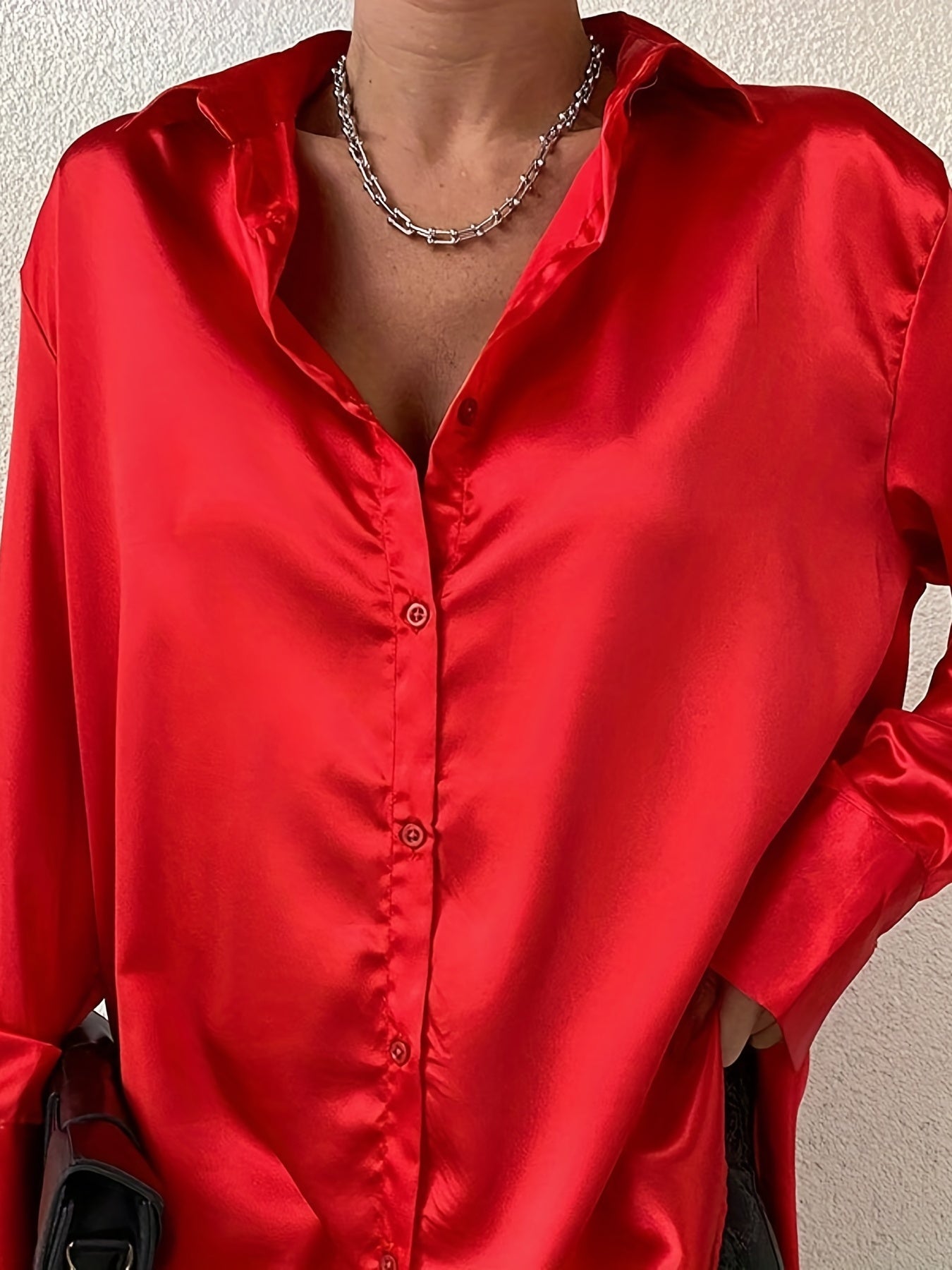 Sixsr Solid Button Front Shirt, Casual Satin Long Sleeve Collar Shirt, Women's Clothing