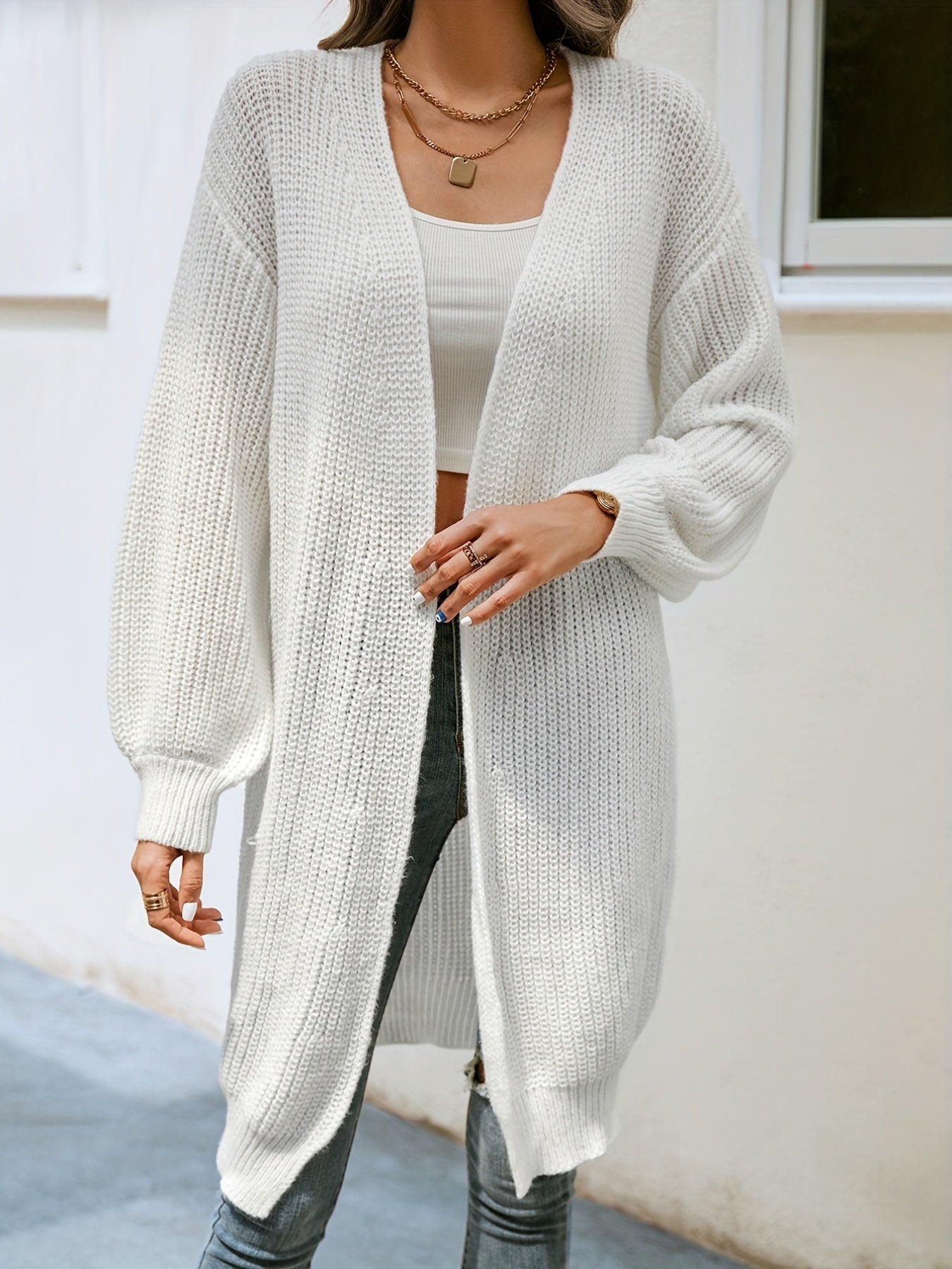 Sixsr Drop Shoulder Solid Knit Cardigan, Open Front Long Sleeve Sweater, Women's Clothing