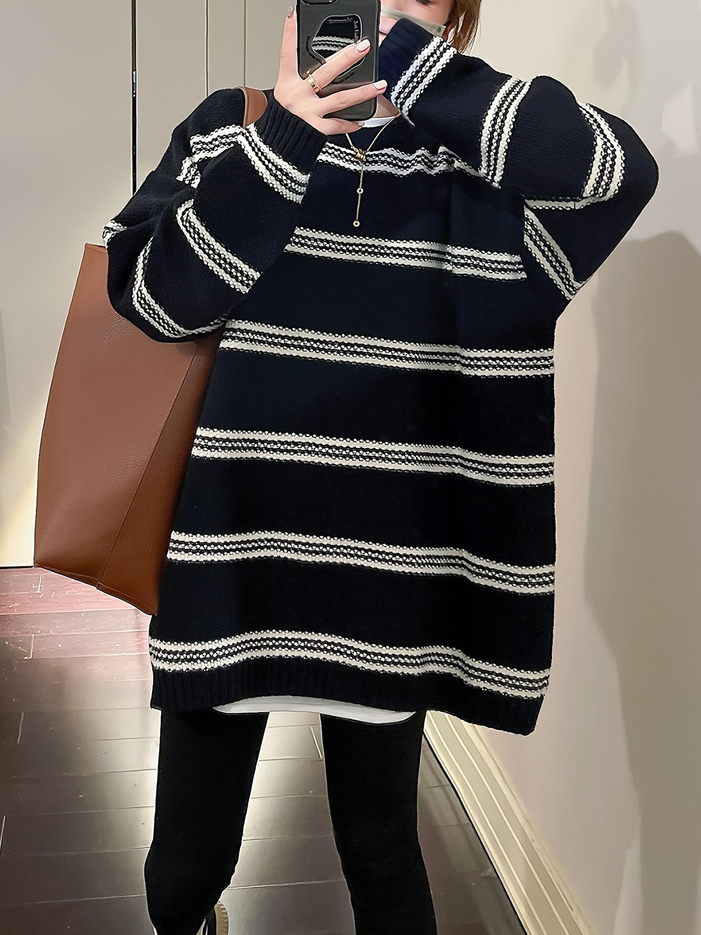 Sixsr Striped Crew Neck Pullover Sweater, Vintage Long Sleeve Oversized Slouchy Sweater, Women's Clothing