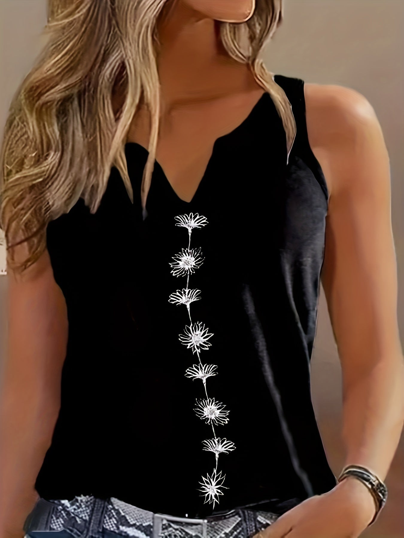 Sixsr Floral Print Tank Top, Casual Notch Neck Summer Sleeveless Top, Women's Clothing