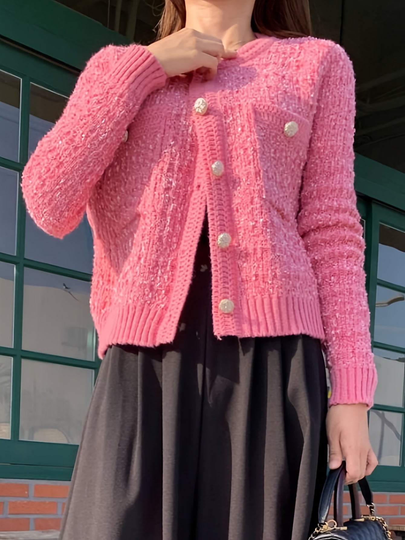 Sixsr Solid Button Front Cardigan, Casual Long Sleeve Pocket Outwear, Women's Clothing