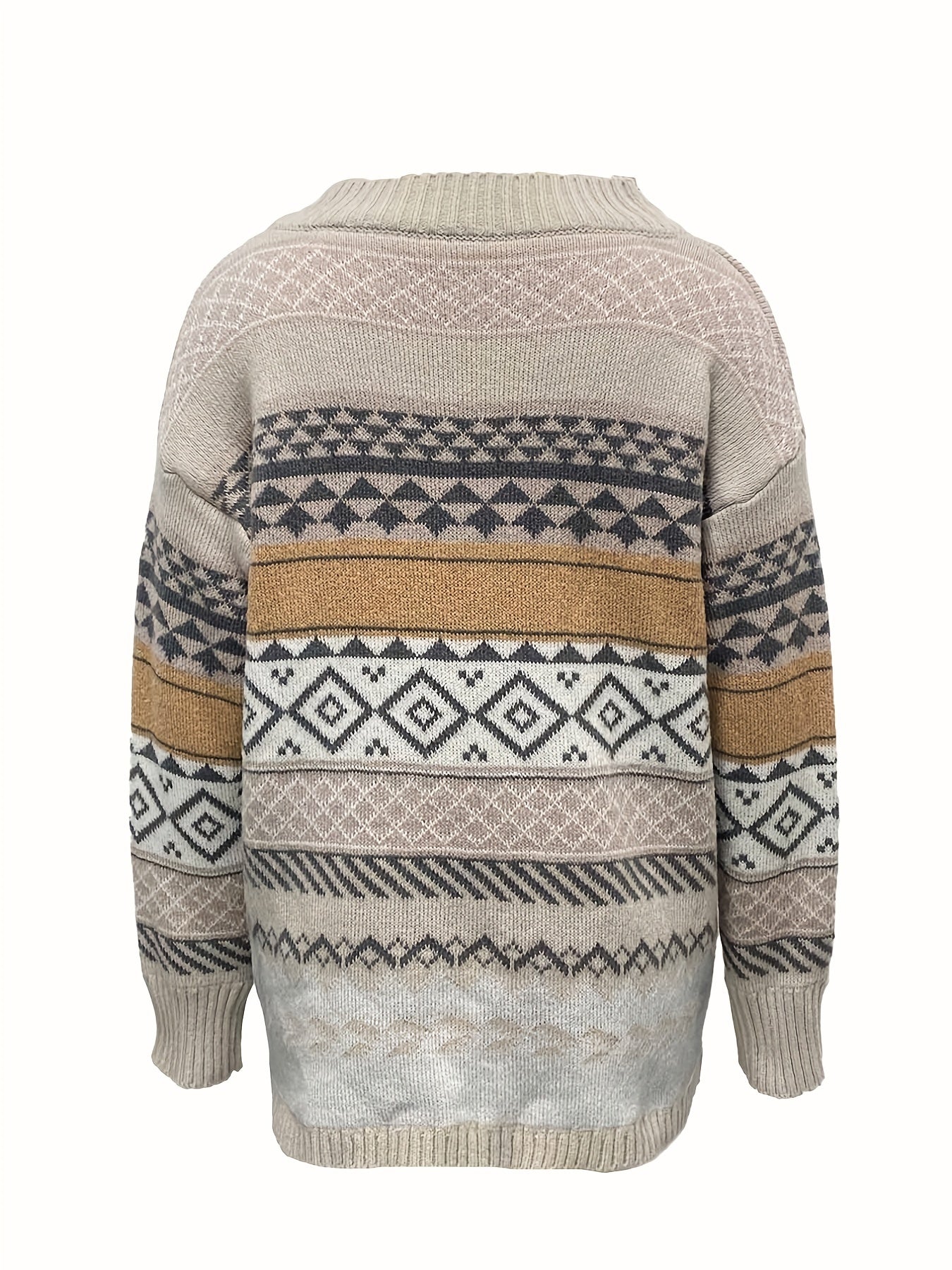 Sixsr Geometric Pattern V Neck Knitted Top, Casual Long Sleeve Sweater For Fall & Winter, Women's Clothing