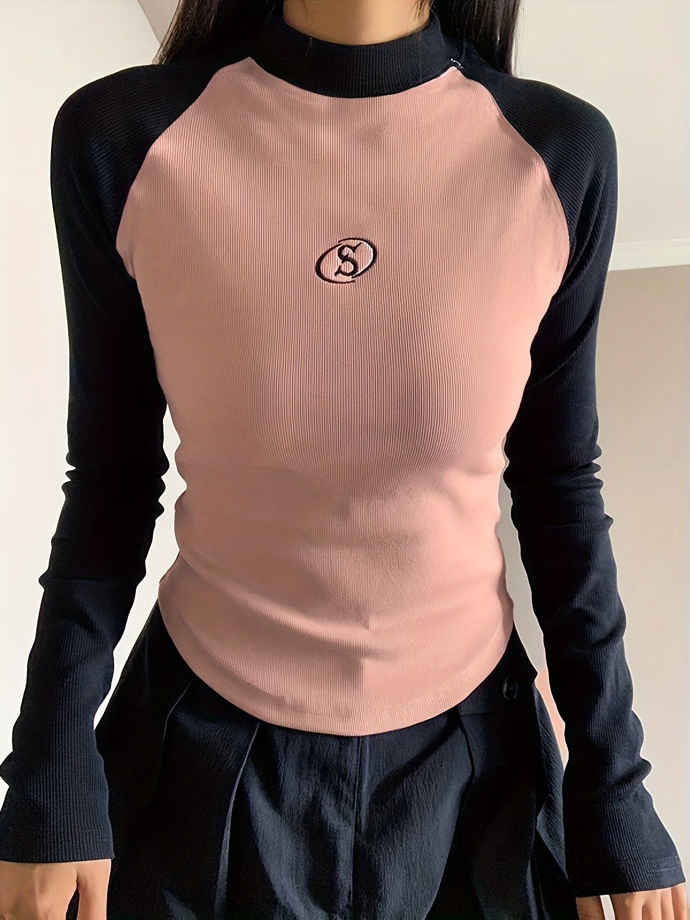 Sixsr Graphic Pattern Colorblock Mock Neck T-Shirt, Casual Long Sleeve Top For Spring & Fall, Women's Clothing