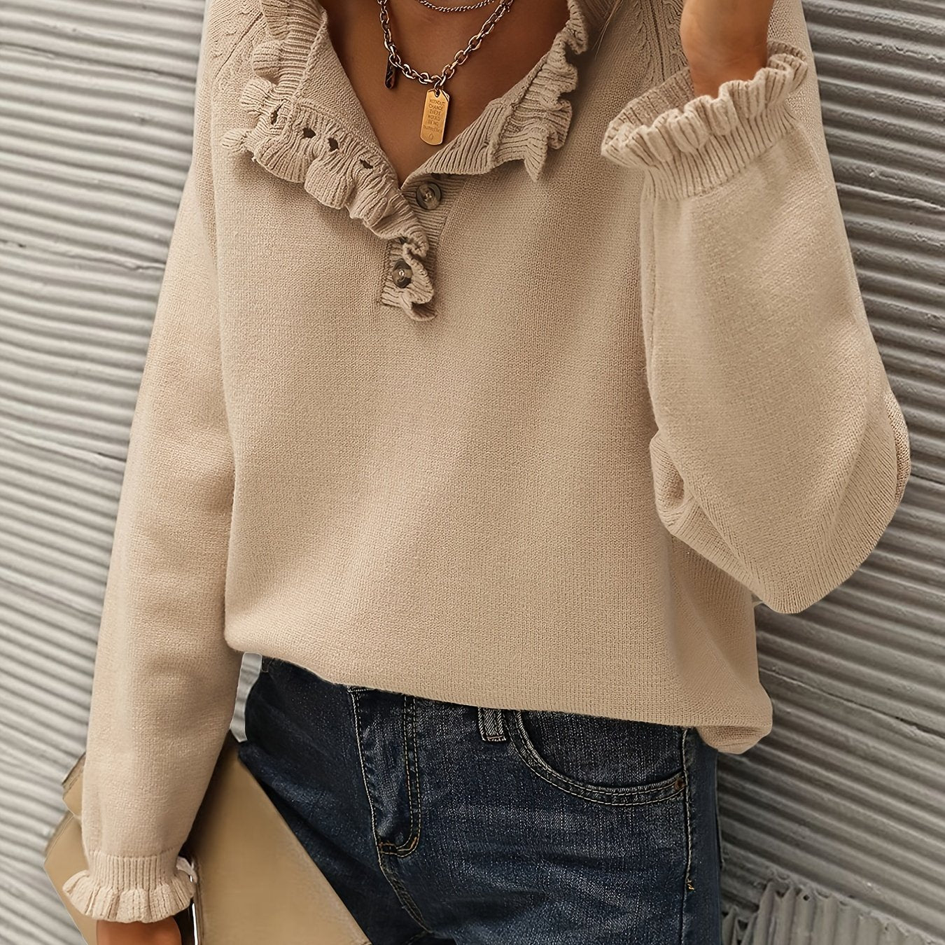 Sixsr Solid V Neck Button Ruffle Hem Pullover Sweater, Casual Long Sleeve Sweater For Fall & Winter, Women's Clothing
