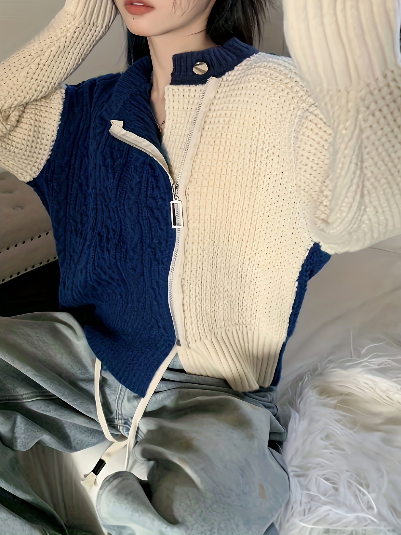 Sixsr Color Block Zip Up Knit Cardigan, Casual Long Sleeve Stylish Sweater, Women's Clothing
