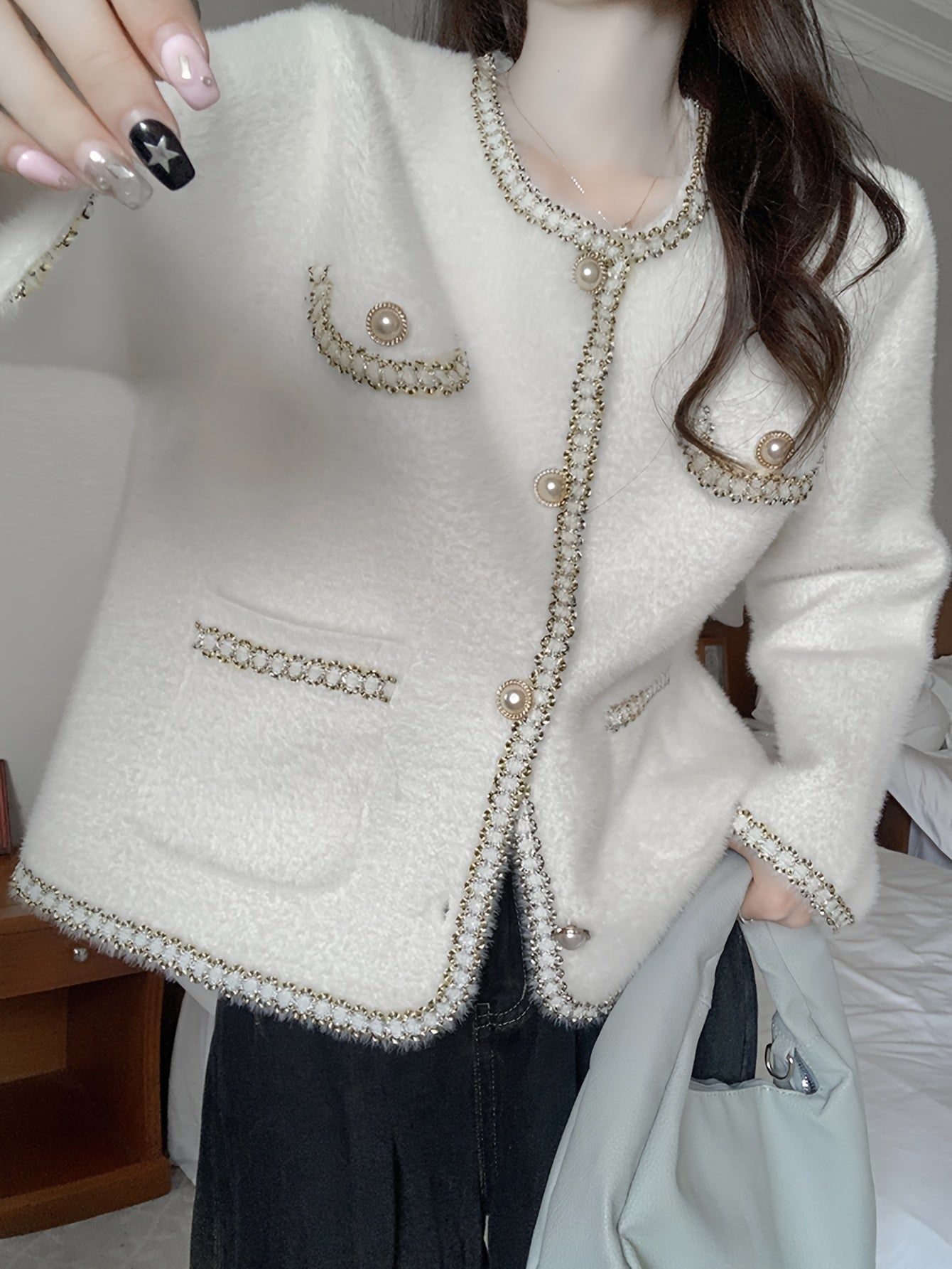 Sixsr Contrast Trim Button Down Knit Cardigan, Elegant Long Sleeve Cozy Sweater, Women's Clothing