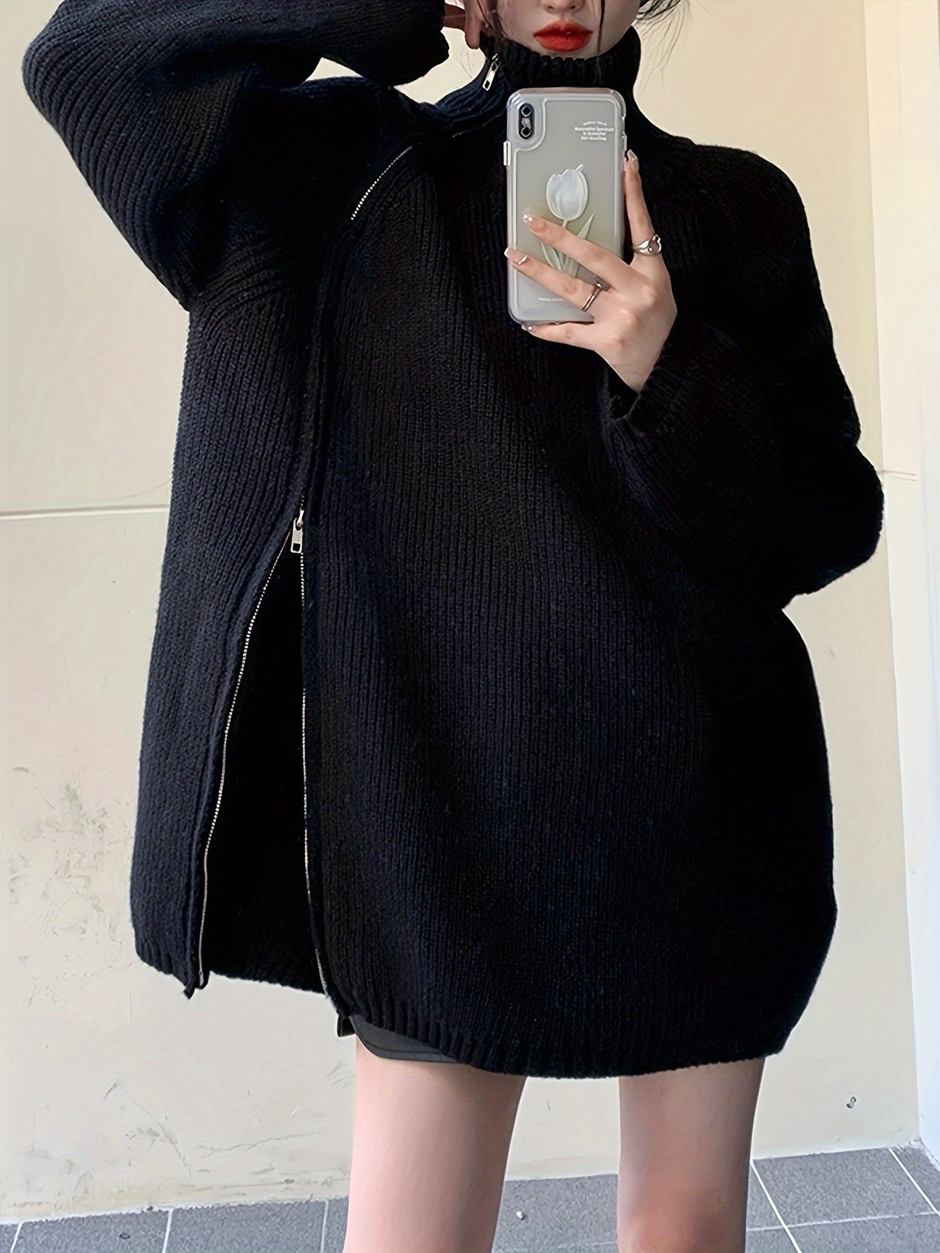 Sixsr Solid Zip Up Oversized Pullover Sweater, Casual Turtle Neck Long Sleeve Sweater, Women's Clothing