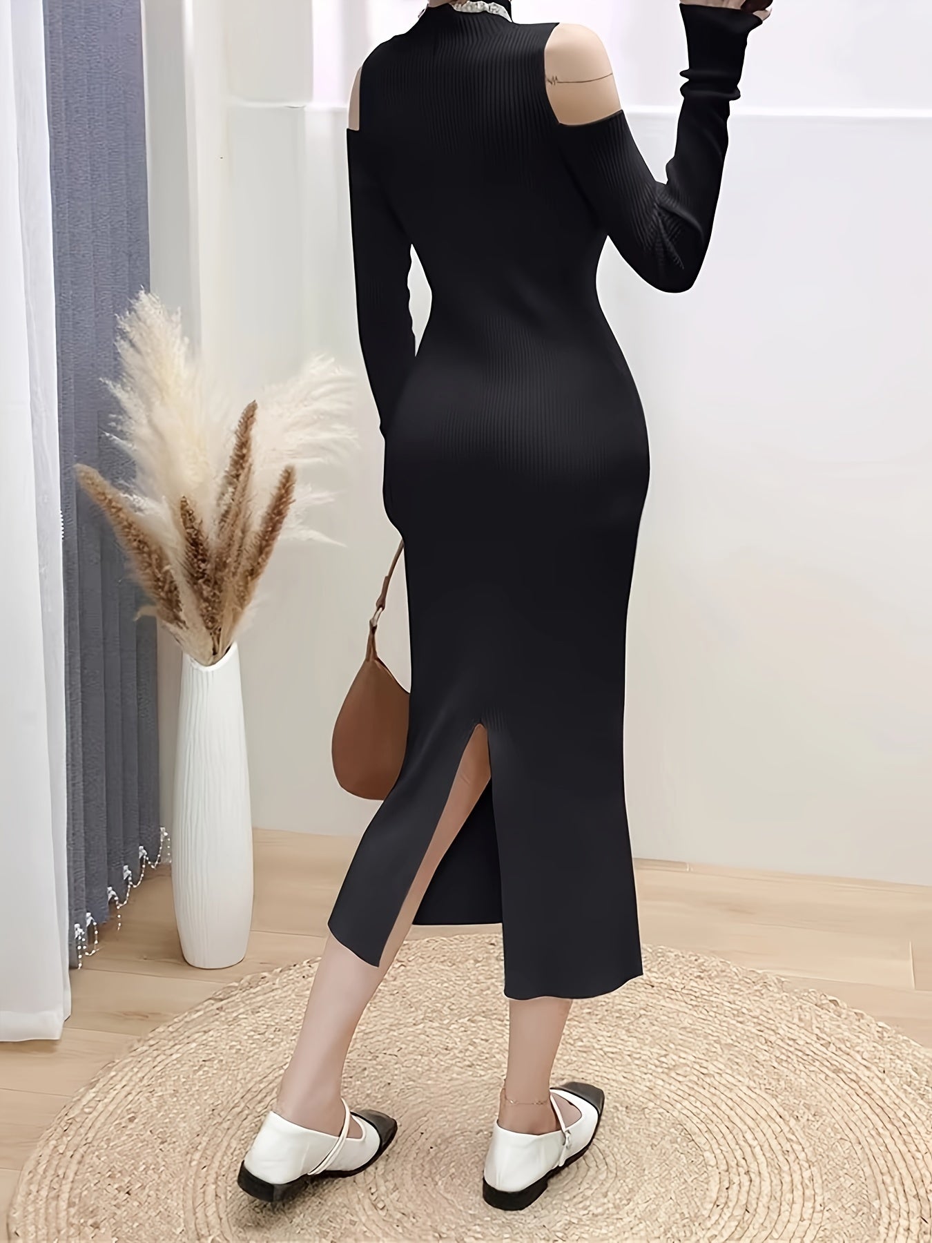 Sixsr Cold Shoulder Mock Neck Slim Dress, Chic Solid Long Sleeve Bodycon Spit Hem Dress, Women's Clothing