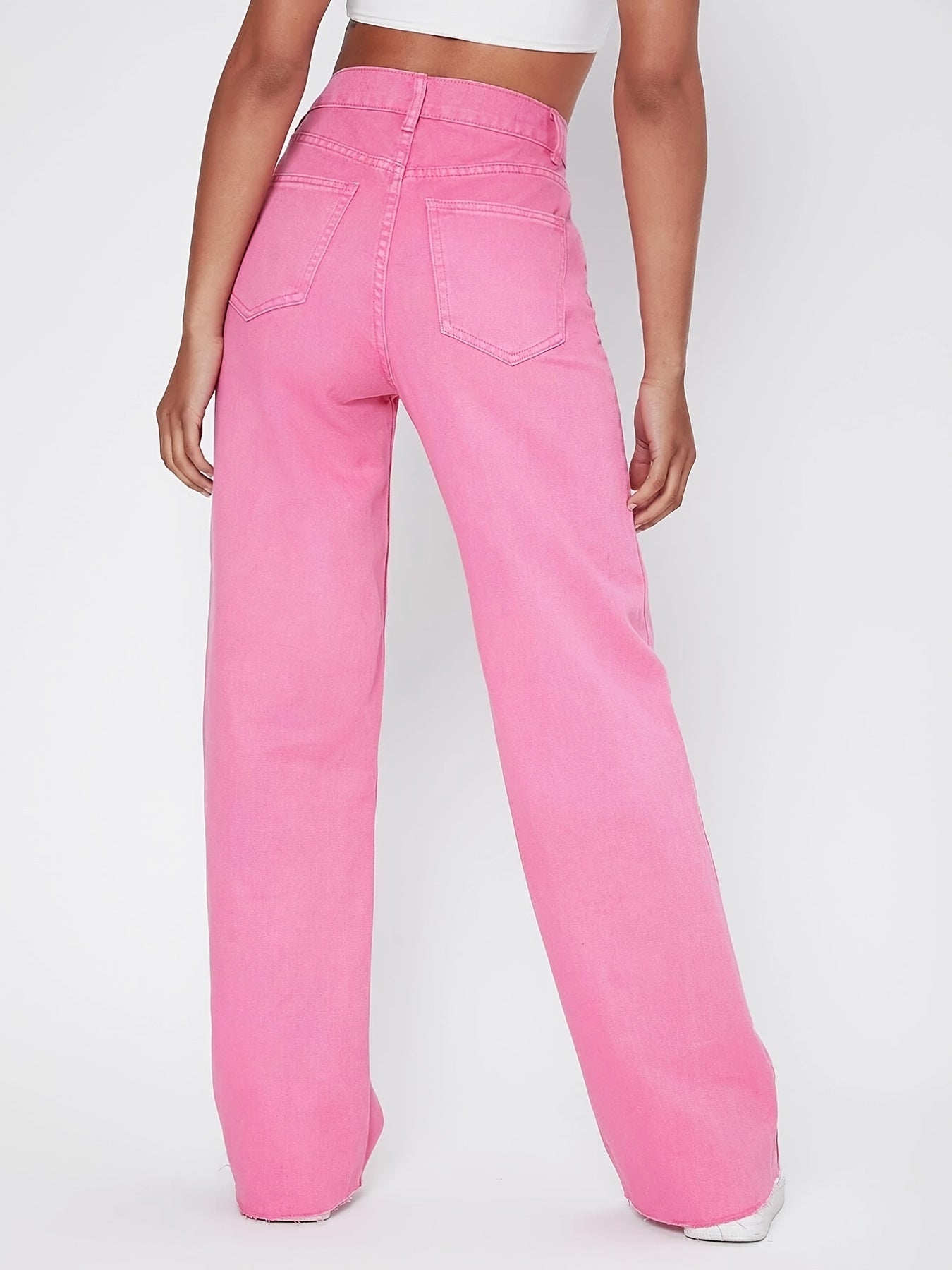 Sixsr Pink Raw Cut Straight Jeans, Loose Fit High Rise Slant Pockets Denim Pants, Women's Denim Jeans & Clothing
