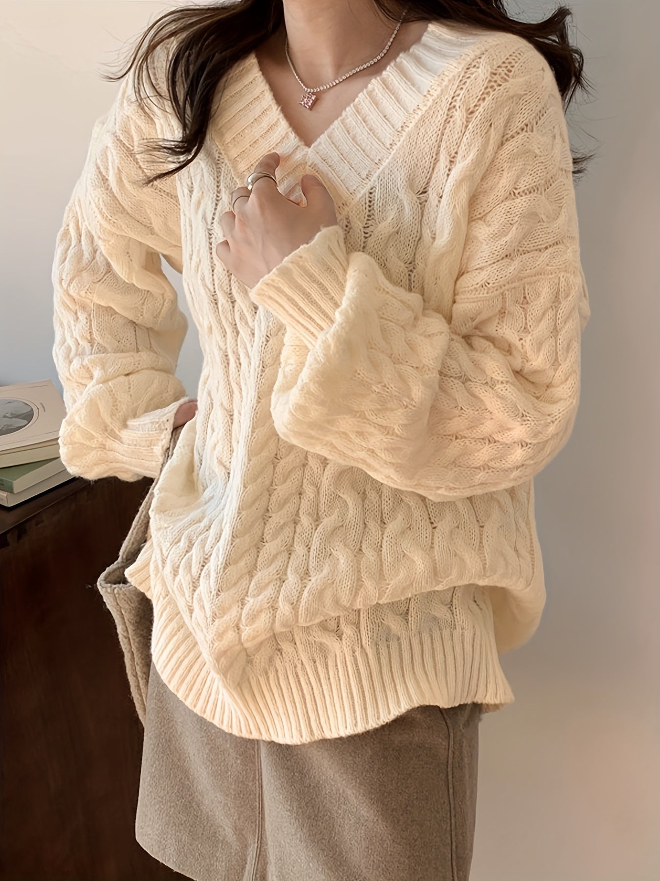 Sixsr Oversized V Neck Knitted Pullover Sweater, Elegant Long Sleeve Sweater For Fall & Winter, Women's Clothing