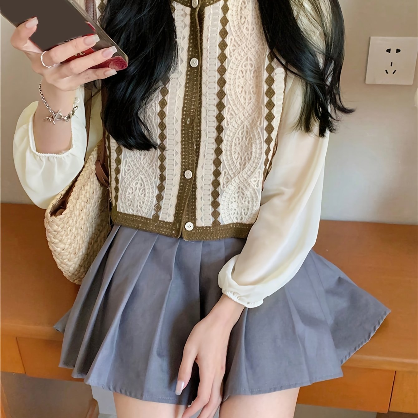 Sixsr Contrast Trim Button Front Blouse, Elegant Long Sleeve Blouse For Spring & Fall, Women's Clothing