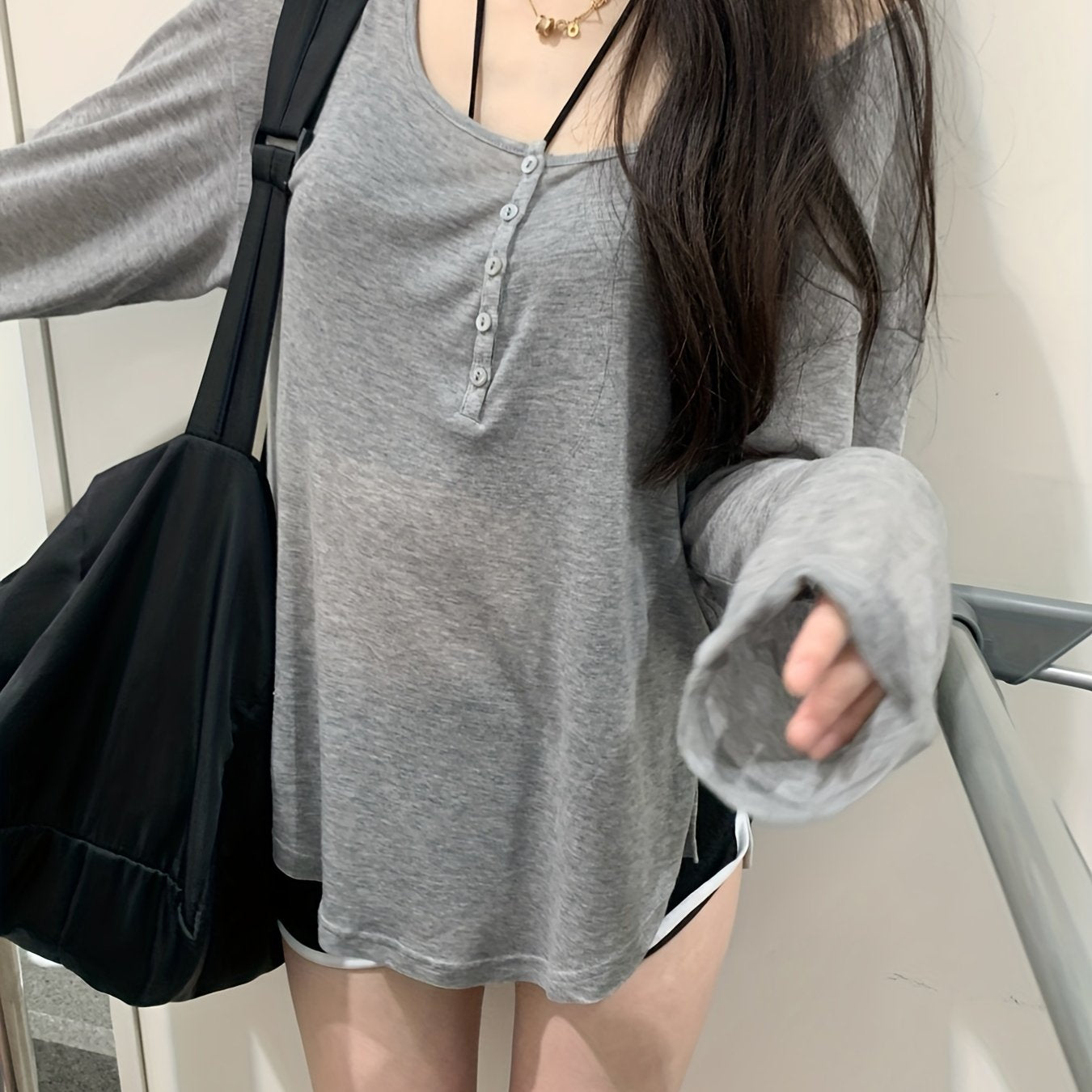 Sixsr Grey Single-breasted Scoop Neck Cover Up T-shirt Top, Long Sleeve Semi Sheer Loose Fit Solid Color Sun Protection Beach Coverup Shirt, Women's Swimwear & Clothing