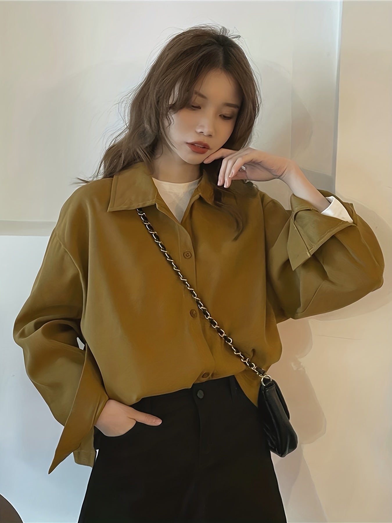 Sixsr Solid Polo Collar Button Blouse, Casual Long Sleeve Blouse For Spring & Fall, Women's Clothing