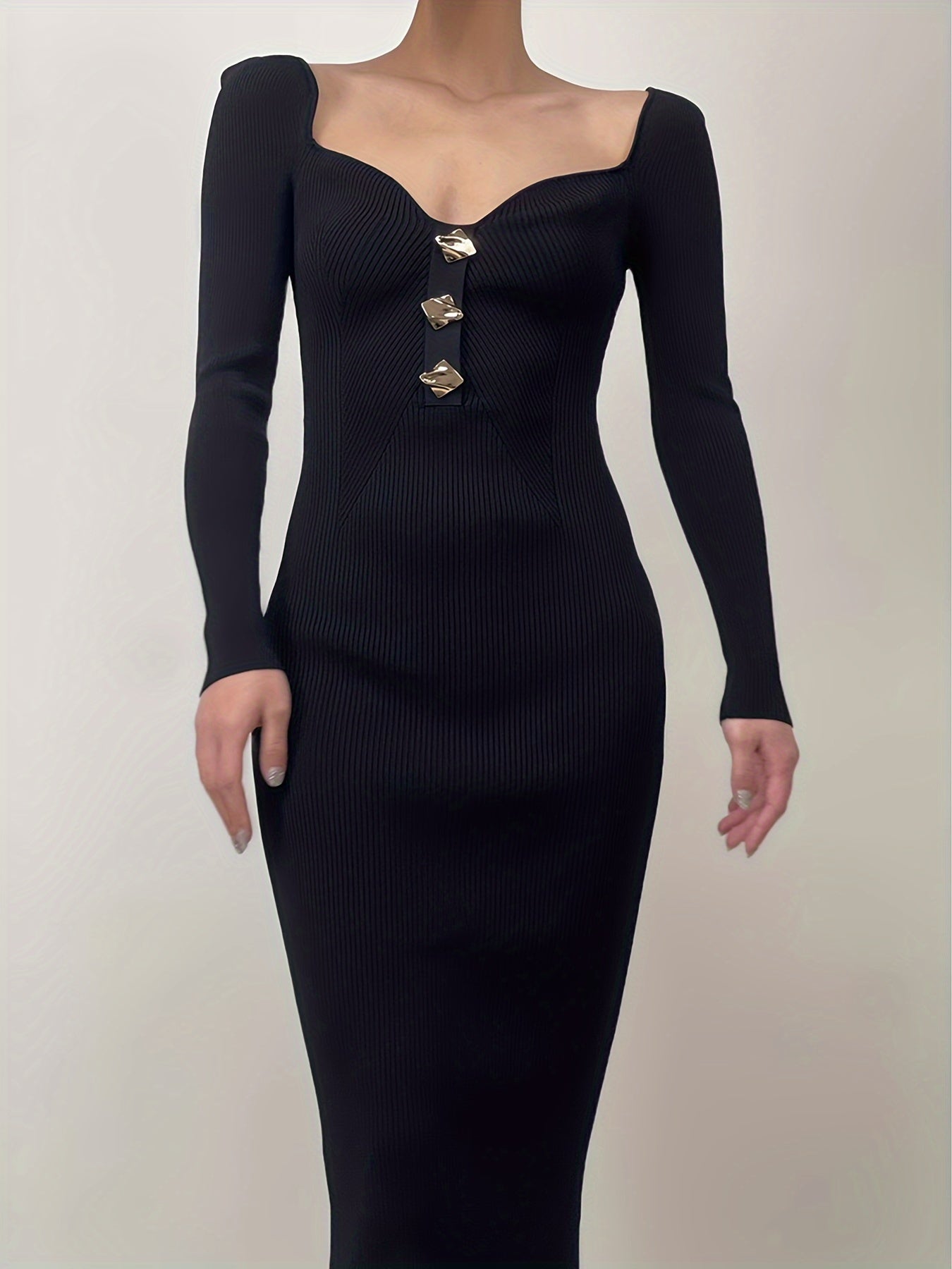Sixsr Stylish Button Bodycon Knit Dress, Elegant Long Sleeve V Neck Midi Dress, Women's Clothing