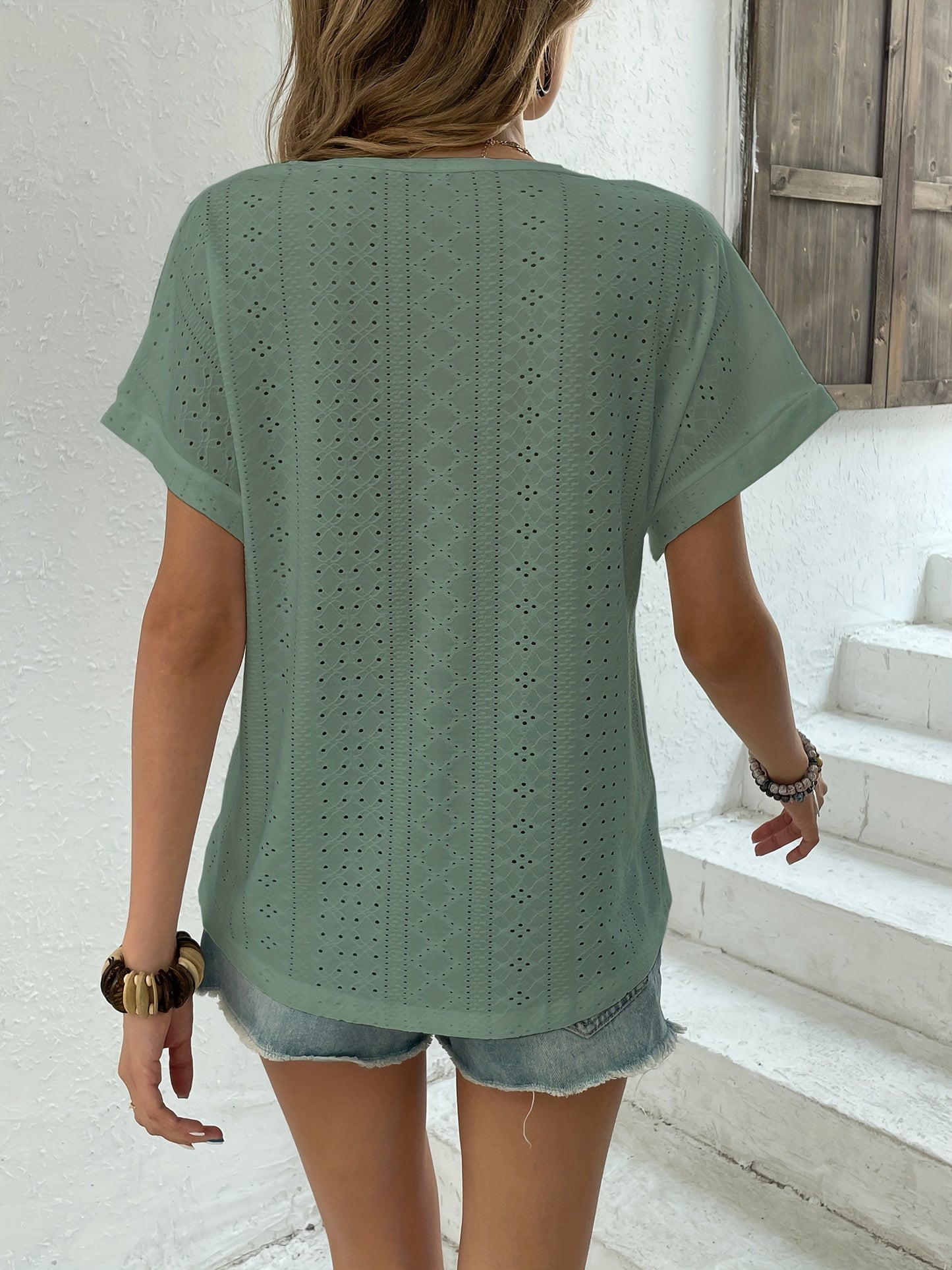 Sixsr Eyelet Embroidered T-Shirt, Short Sleeve Casual Top For Summer & Spring, Women's Clothing