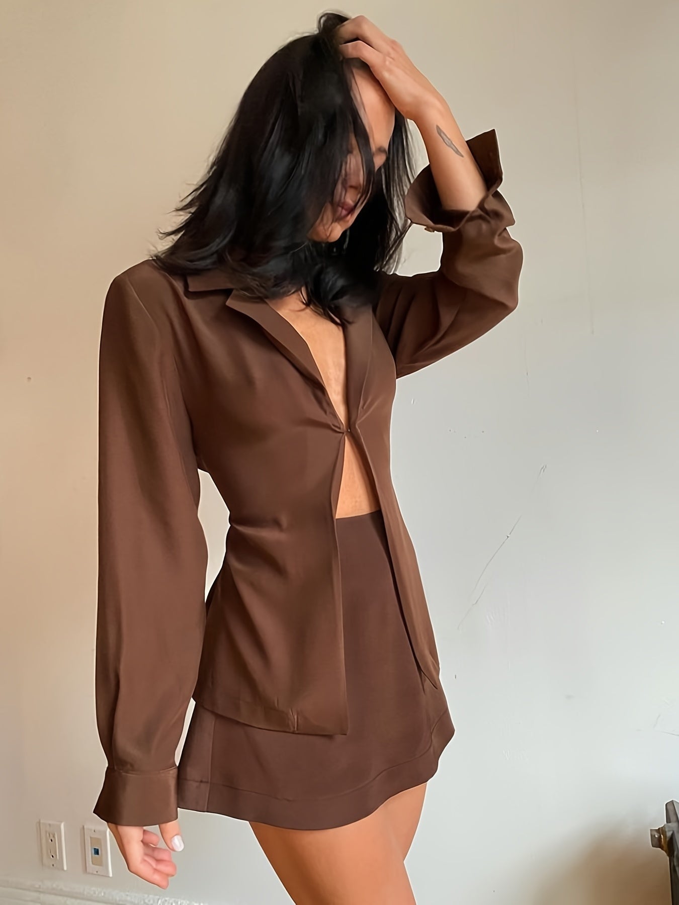 Sixsr Women's Stylish Two Piece Blouse Set, Solid Lapel Blouse & High Waist Mini Skirt, Women's Clothing