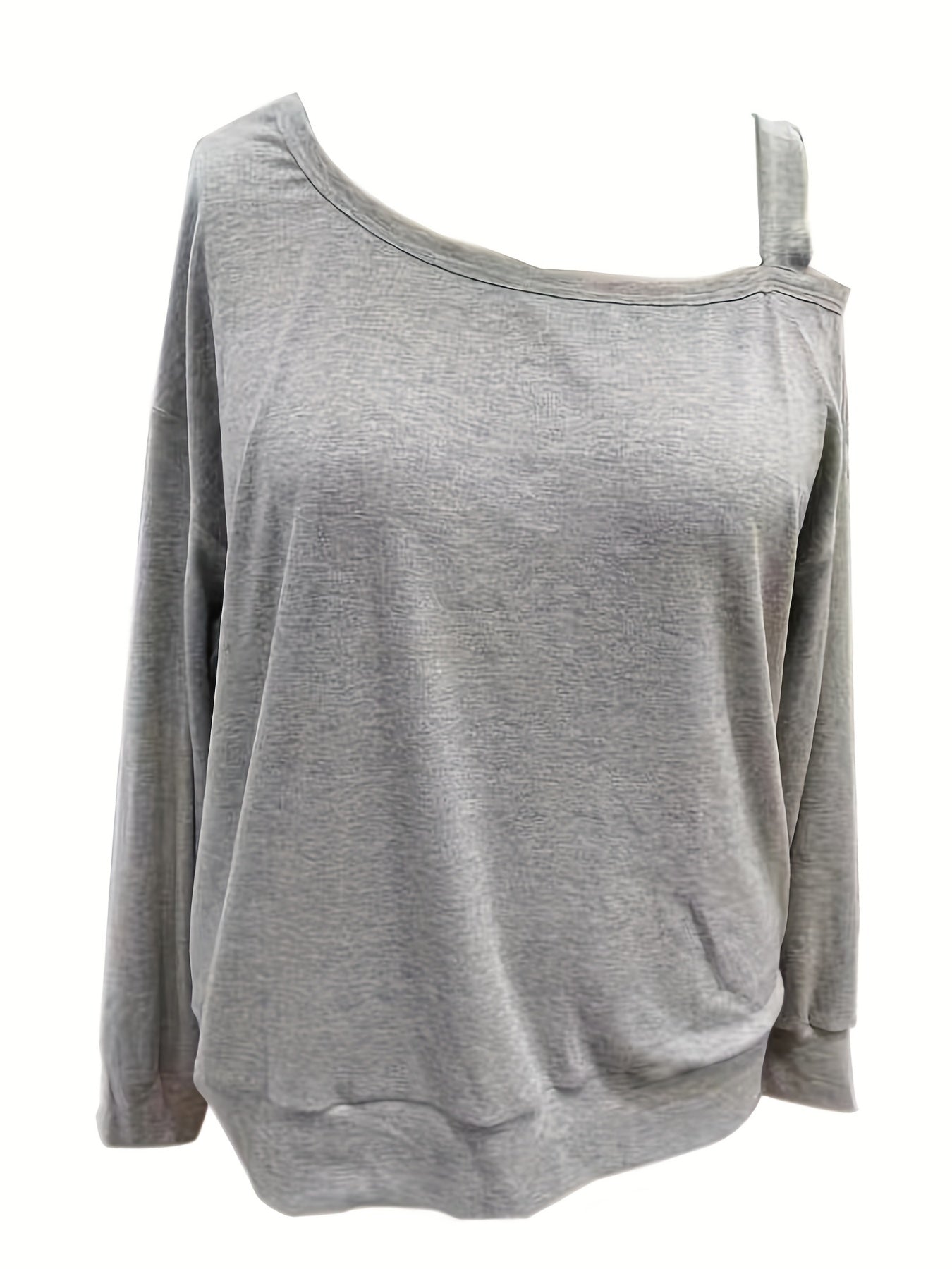 Sixsr Plus Size Casual Sweatshirt, Women's Plus Solid One Shoulder Long Sleeve Irregular Neck Slight Stretch Pullover Sweatshirt, Casual Tops For Fall & Winter, Plus Size Women's Clothing