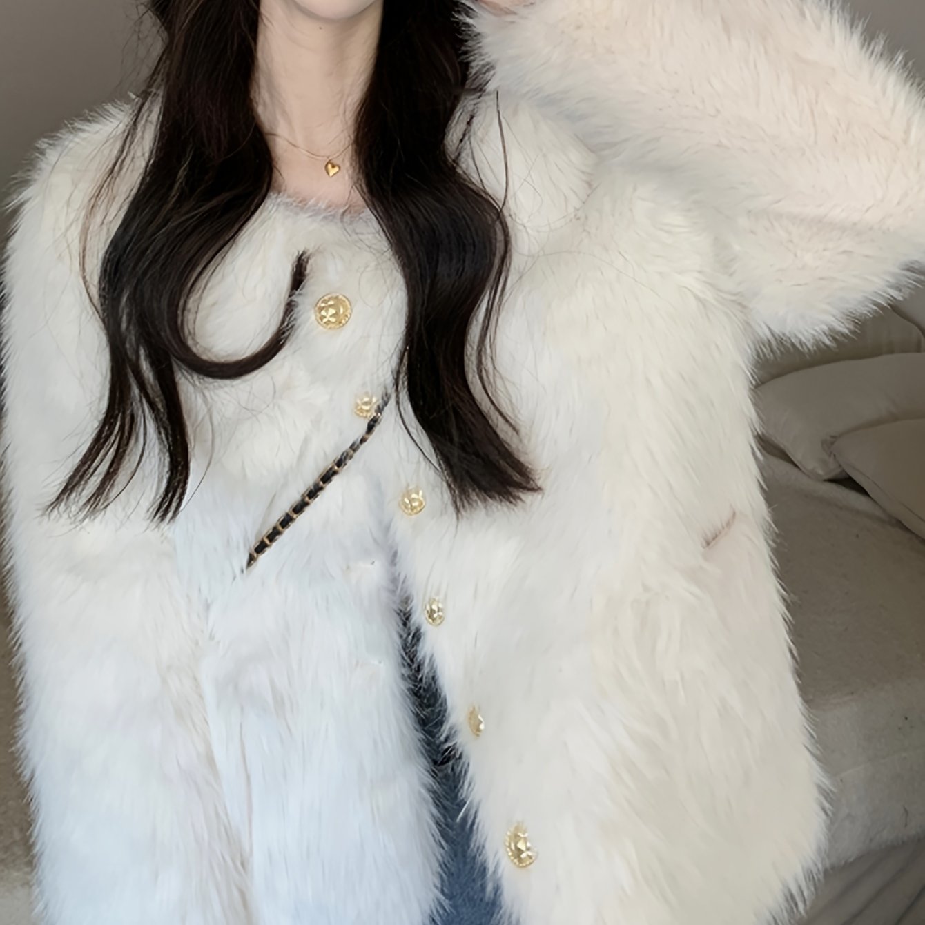 Sixsr Fluffy Solid Warm Coat, Casual Button Front Long Sleeve Outerwear, Women's Clothing
