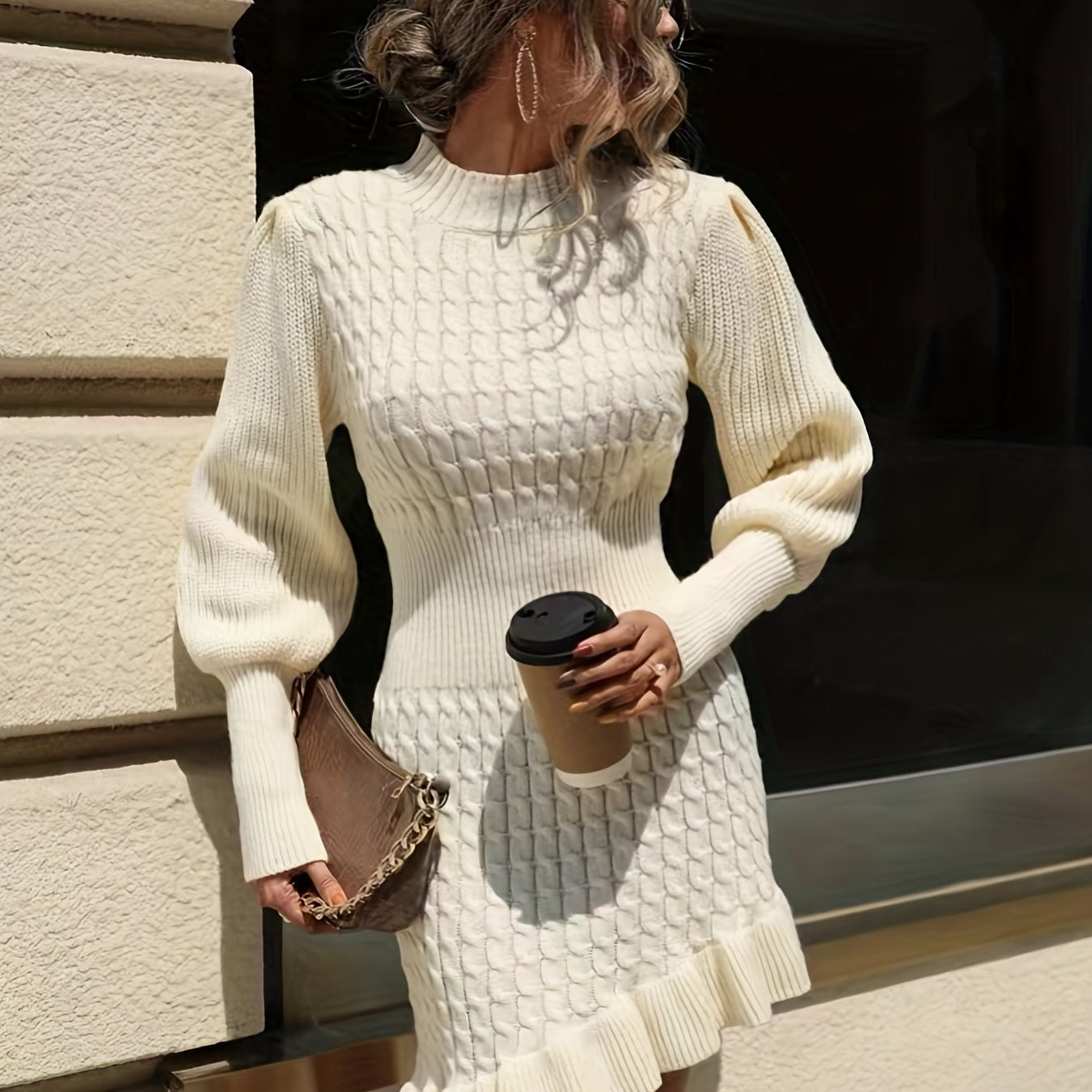 Sixsr Ruffle Asymmetrical Hem Sweater Dress, Elegant Long Sleeve Solid Dress, Women's Clothing