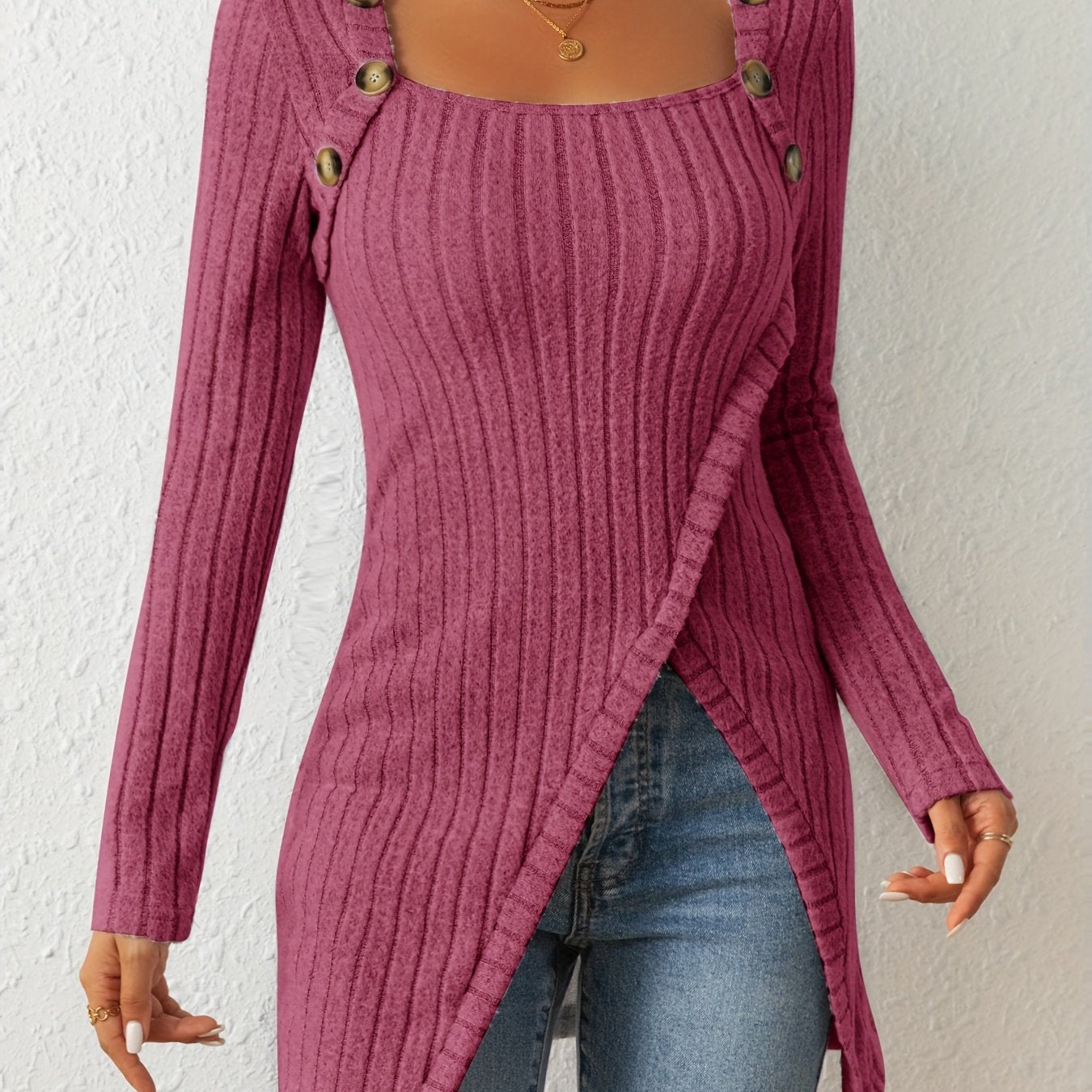Sixsr Ribbed Button Decor Asymmetrical Hem T-Shirt, Casual Long Sleeve Top For Spring & Fall, Women's Clothing