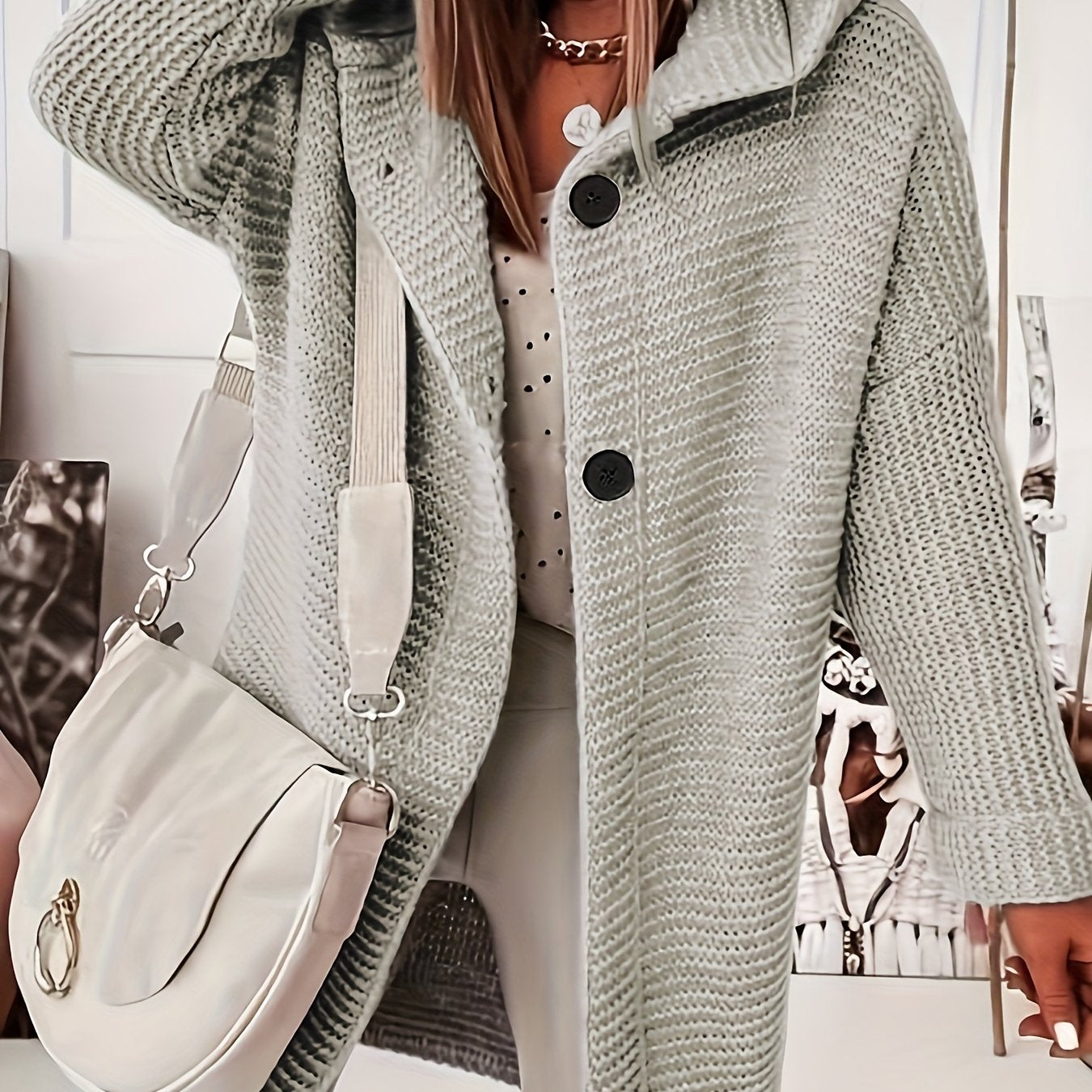 Sixsr Button Front Hooded Knit Cardigan, Casual Long Sleeve Simple Sweater, Women's Clothing