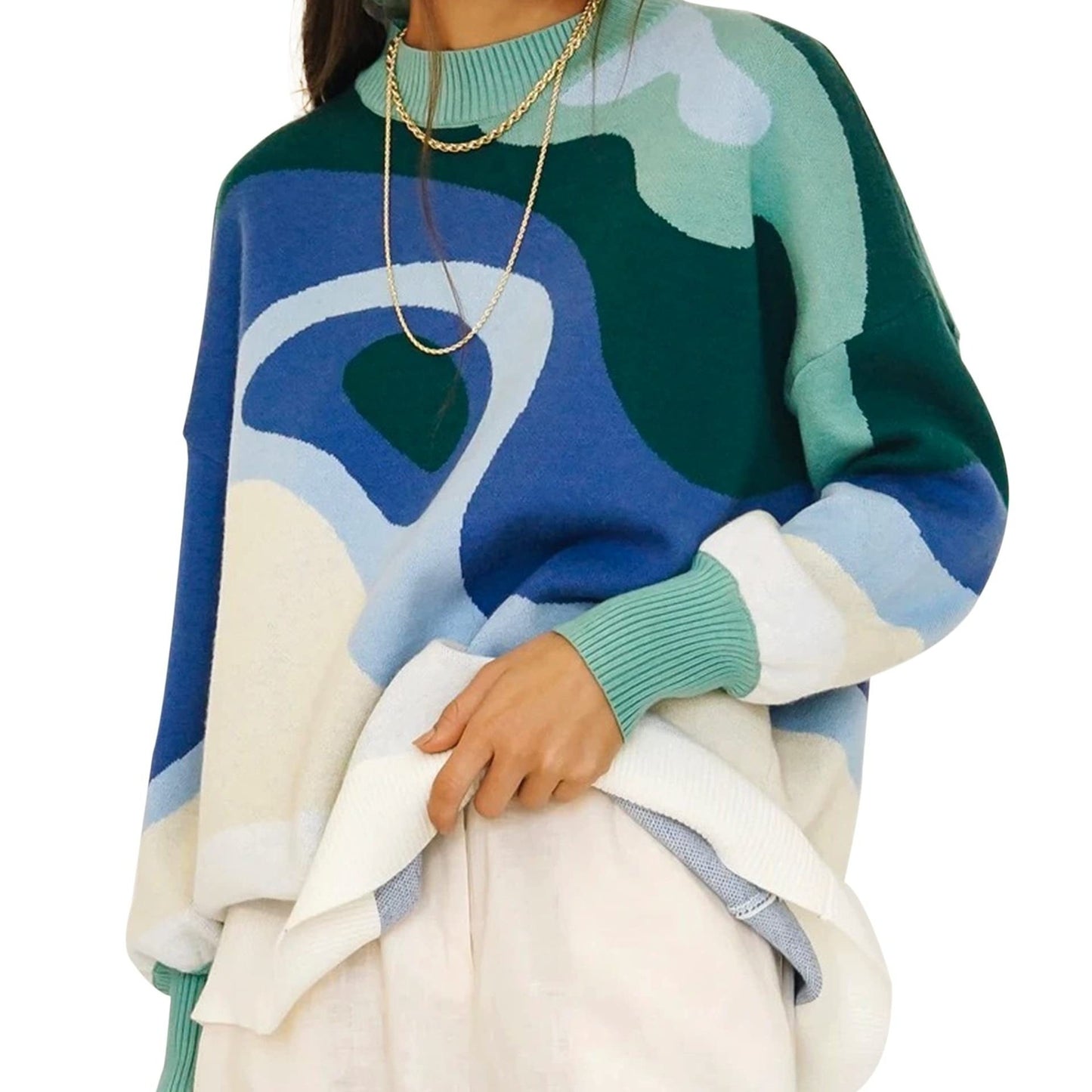 Sixsr Plus Size Casual Sweater, Women's Plus Abstract Print Long Sleeve Mock Neck Medium Stretch Pullover Jumper