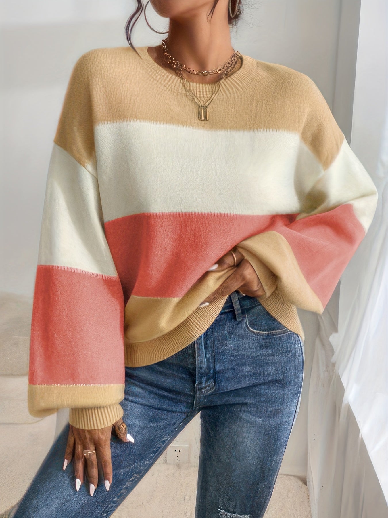 Sixsr Color Block Drop Shoulder Sweater, Casual Lantern Sleeve Pullover Knitted Top, Women's Clothing