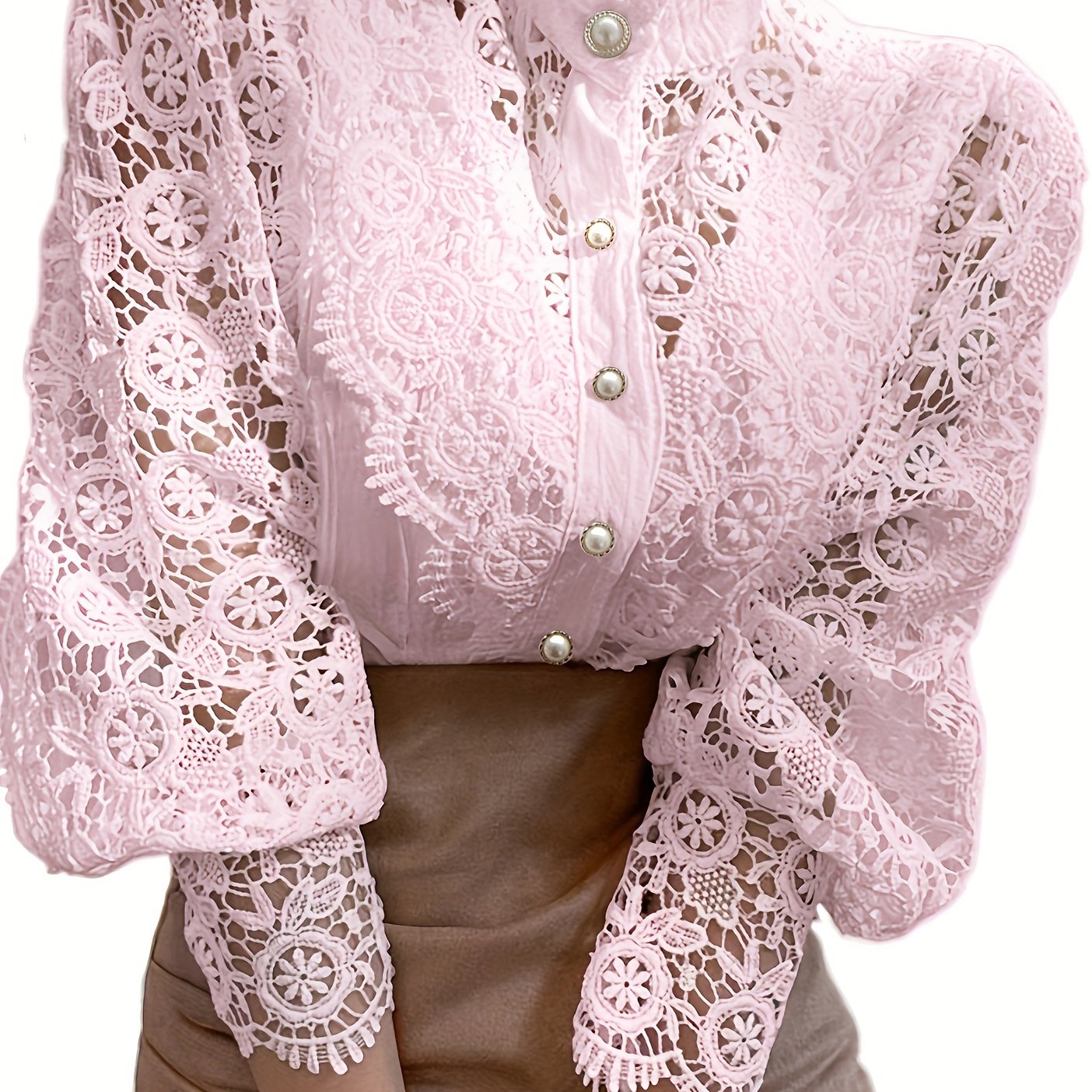 Sixsr Women's Blouse Lace Puff Sleeve Lantern Sleeve Solid Pleated Women Blouse
