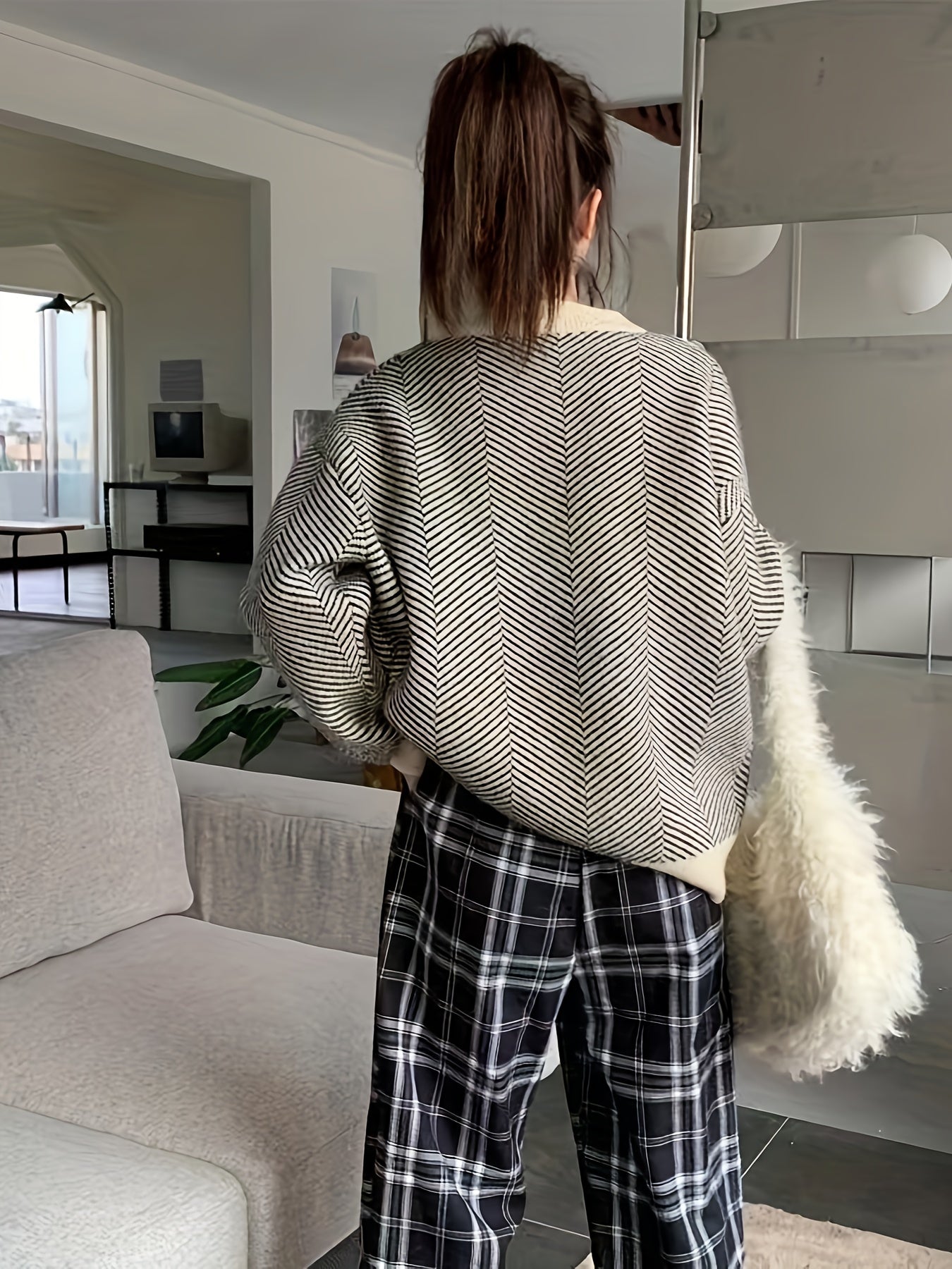 Sixsr Striped Crew Neck Pullover Sweater, Casual Long Sleeve Loose Sweater, Women's Clothing