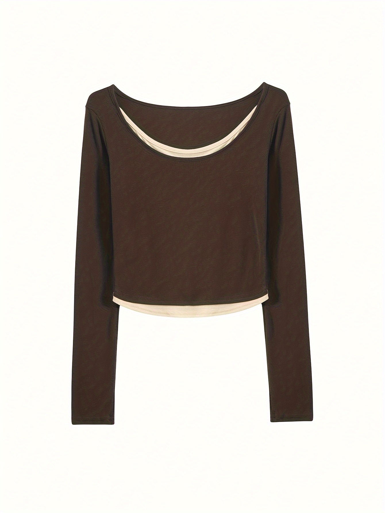 Sixsr Contrast Trim Crew Neck Crop T-Shirt, Casual Long Sleeve T-Shirt For Spring & Fall, Women's Clothing