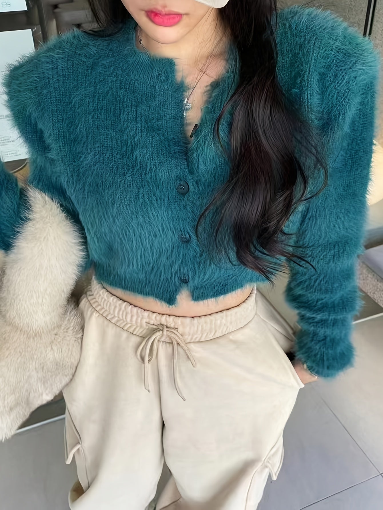 Sixsr Solid Color Button Front Cardigans Top, Casual Slim Fuzzy Long Sleeve Crop Top For Fall & Winter, Women's Clothing