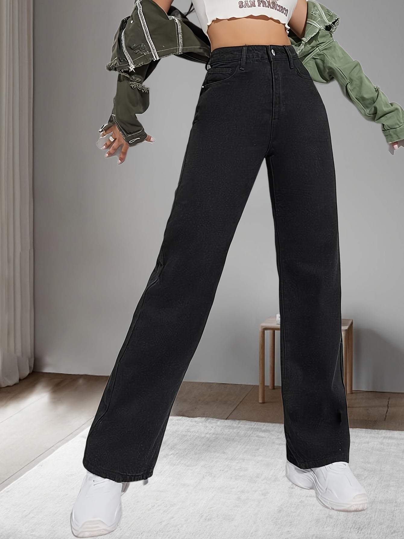Sixsr Fleece Liner Casual Straight Jeans, Loose Fit High Stretch Denim Pants, Women's Denim Jeans & Clothing
